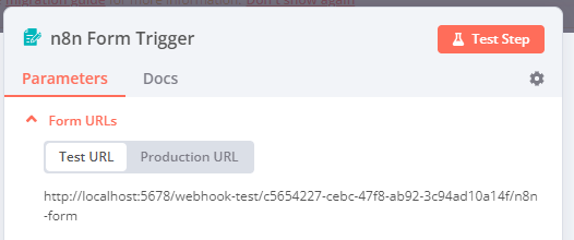 แผง trigger node แบบฟอร์มแสดงช่อง URL ทดสอบและ URL การผลิตพร้อมการสลับระหว่างกัน