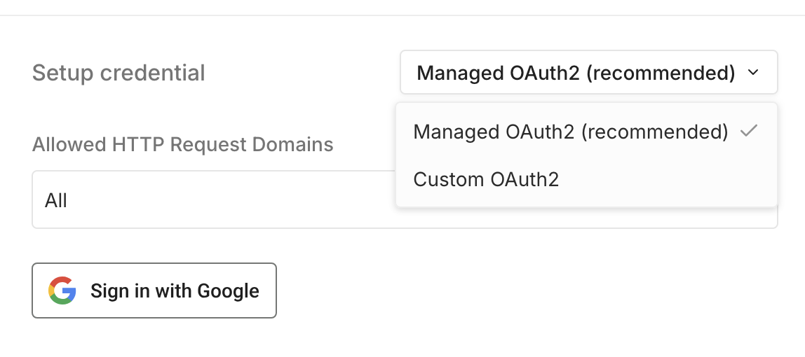 n8n หน้าจอการรับรองพร้อมปุ่ม Google Sign In และ dropdown เพื่อเปลี่ยนเป็น Custom OAuth2