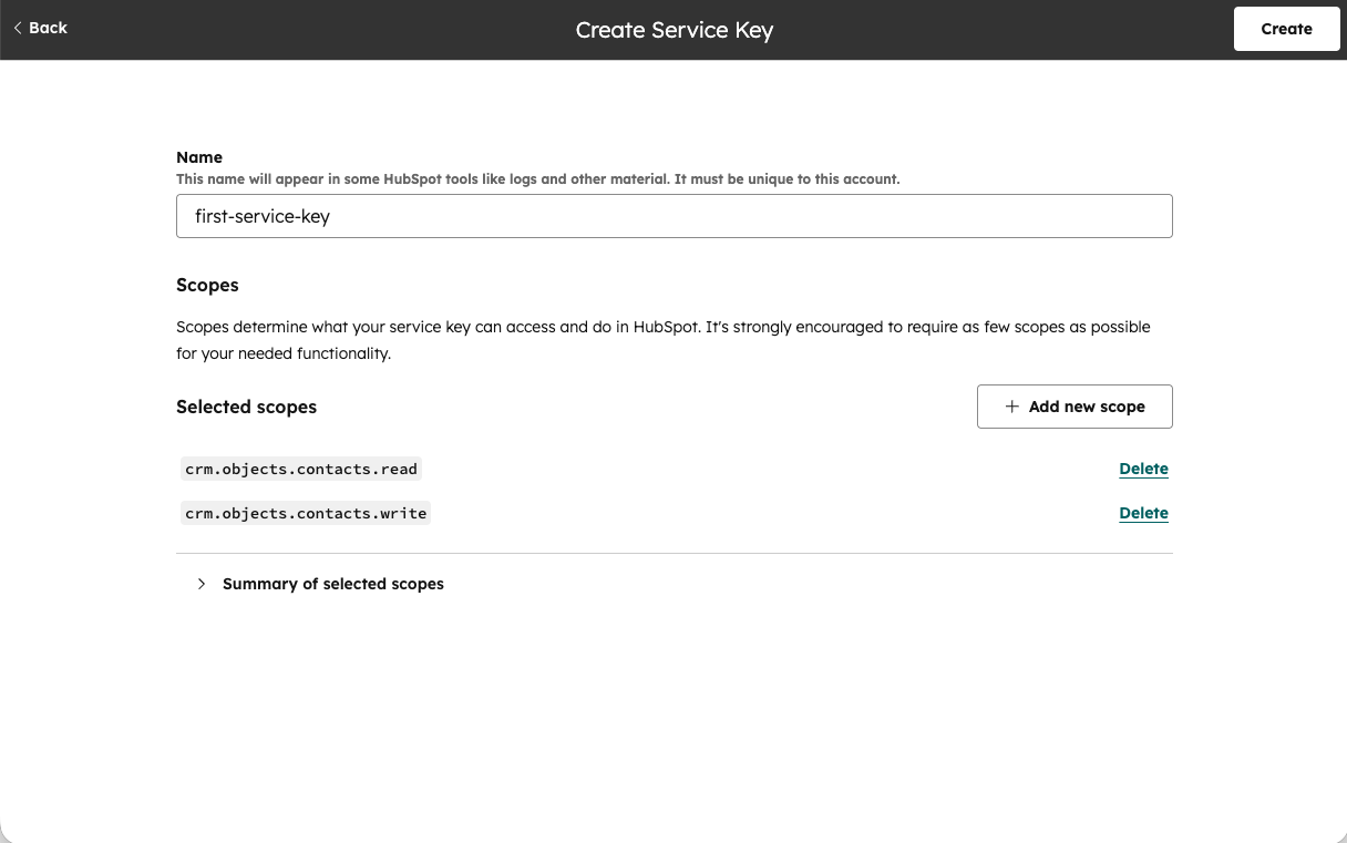 หมายเลขรุ่น: Create Service Key form with name and scope fields