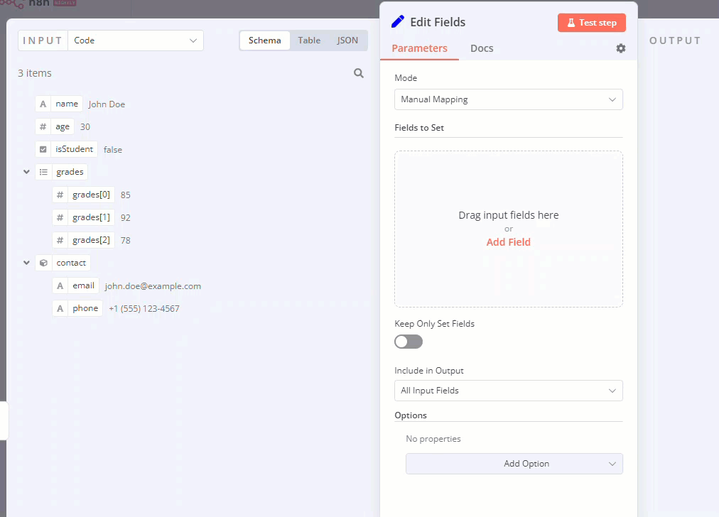 ฟิลด์ที่ถูกลากจาก INPUT ลงในฟิลด์เพื่อตั้งค่า จากนั้นค่าของฟิลด์จะถูกสลับจาก expression เป็นคงที่