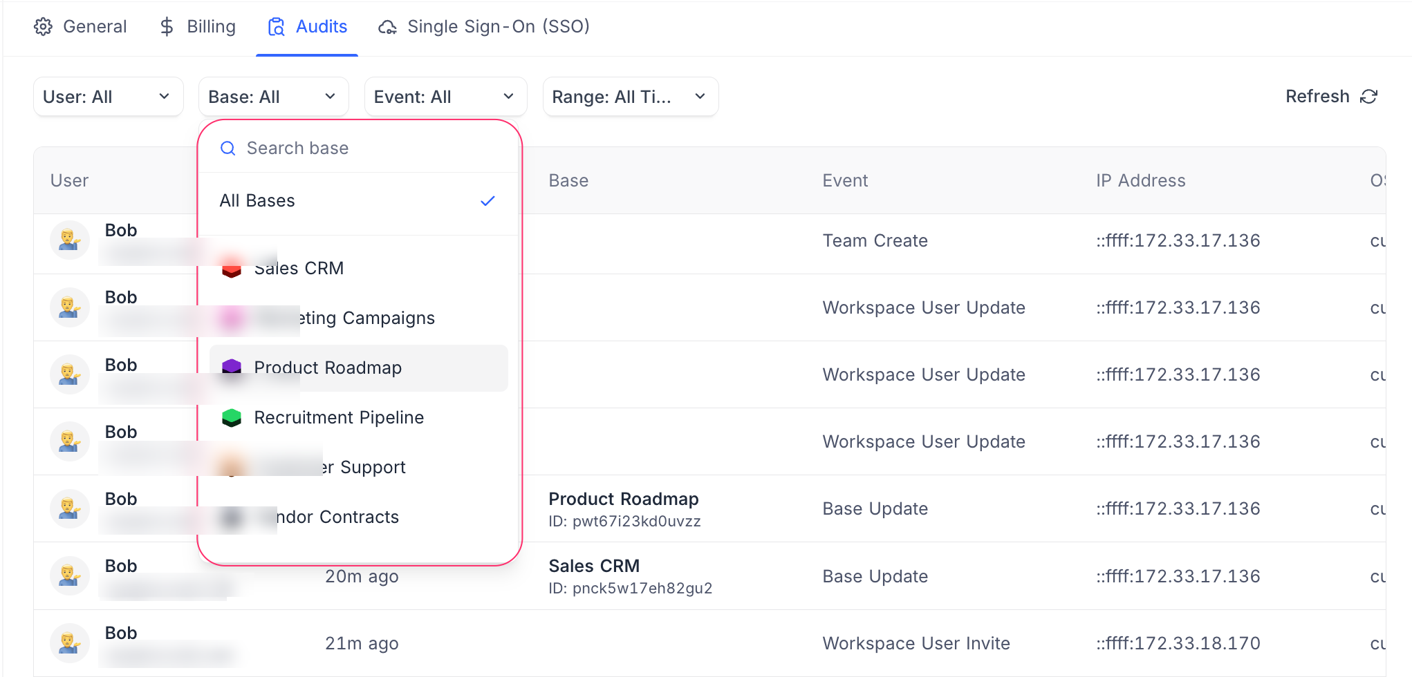 Filter audit logs by base