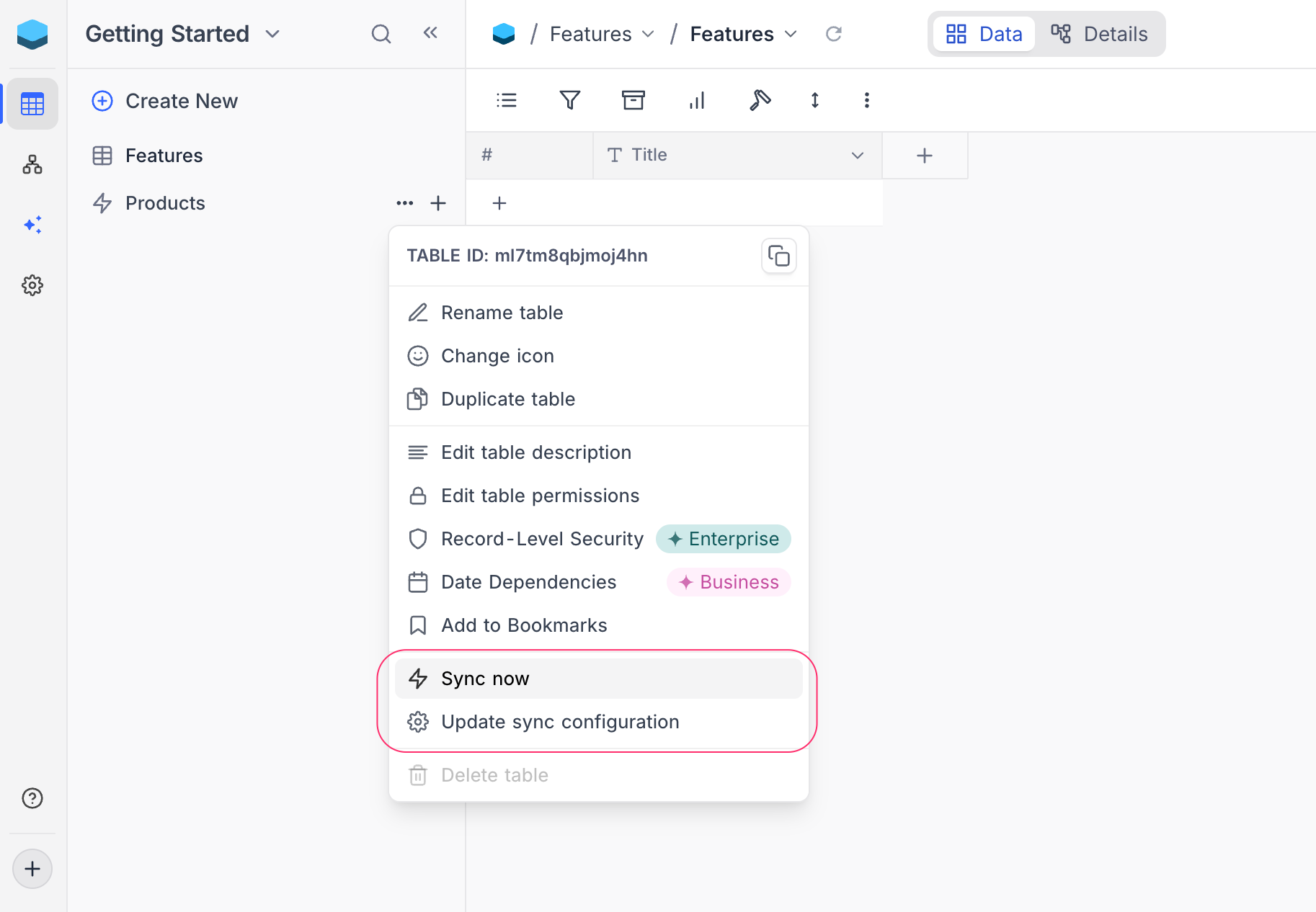 Sidebar sync actions on a mirrored table