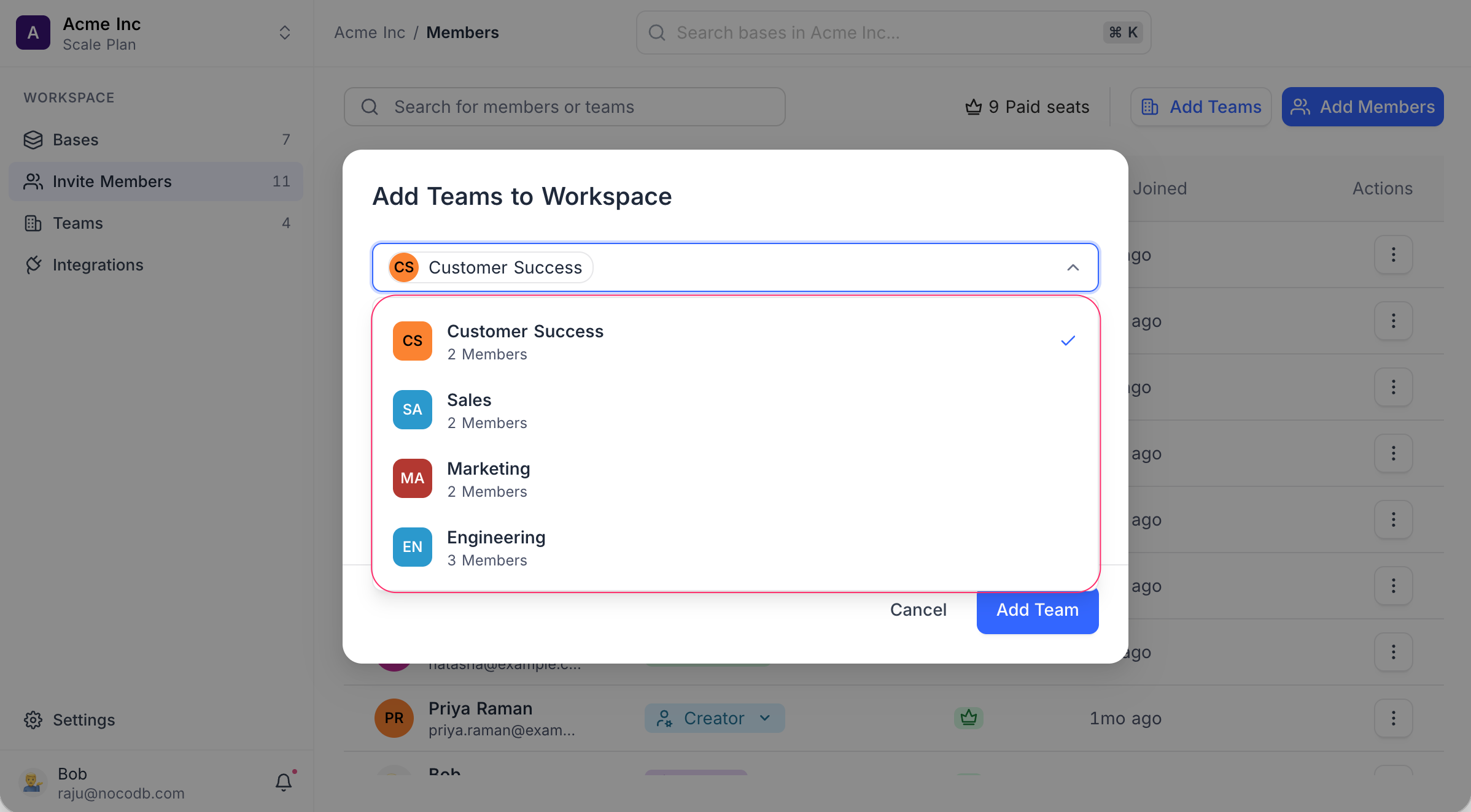 Selecting teams to add