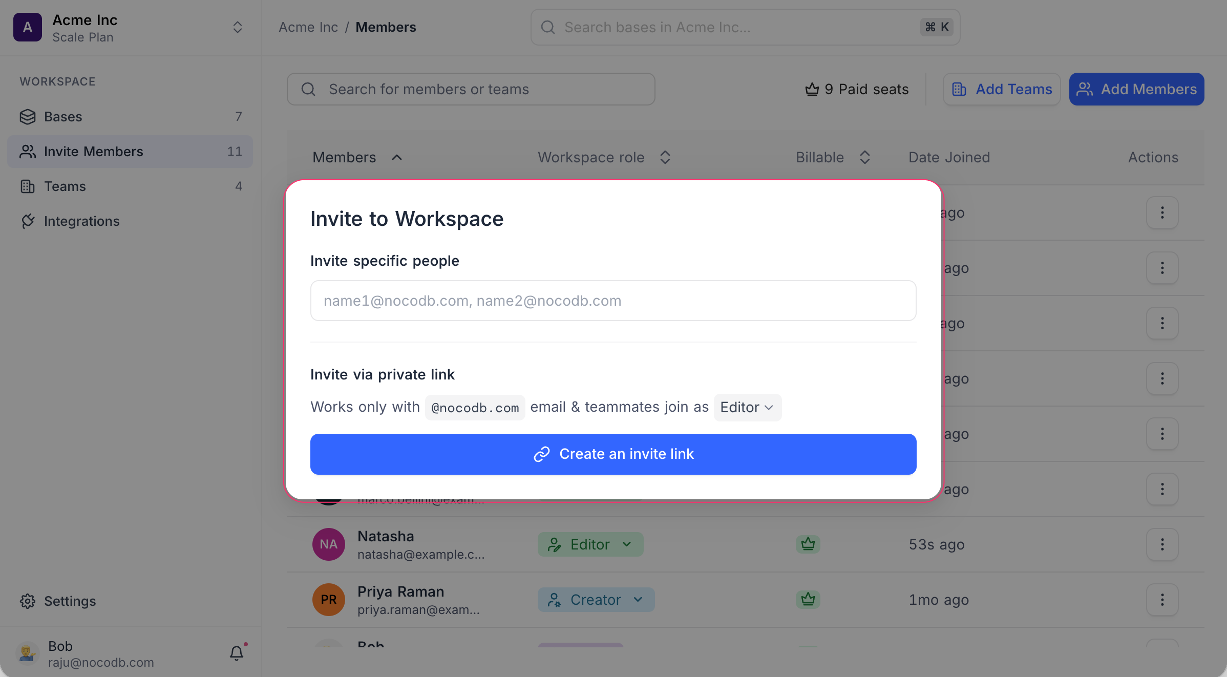 The Invite to Workspace dialog
