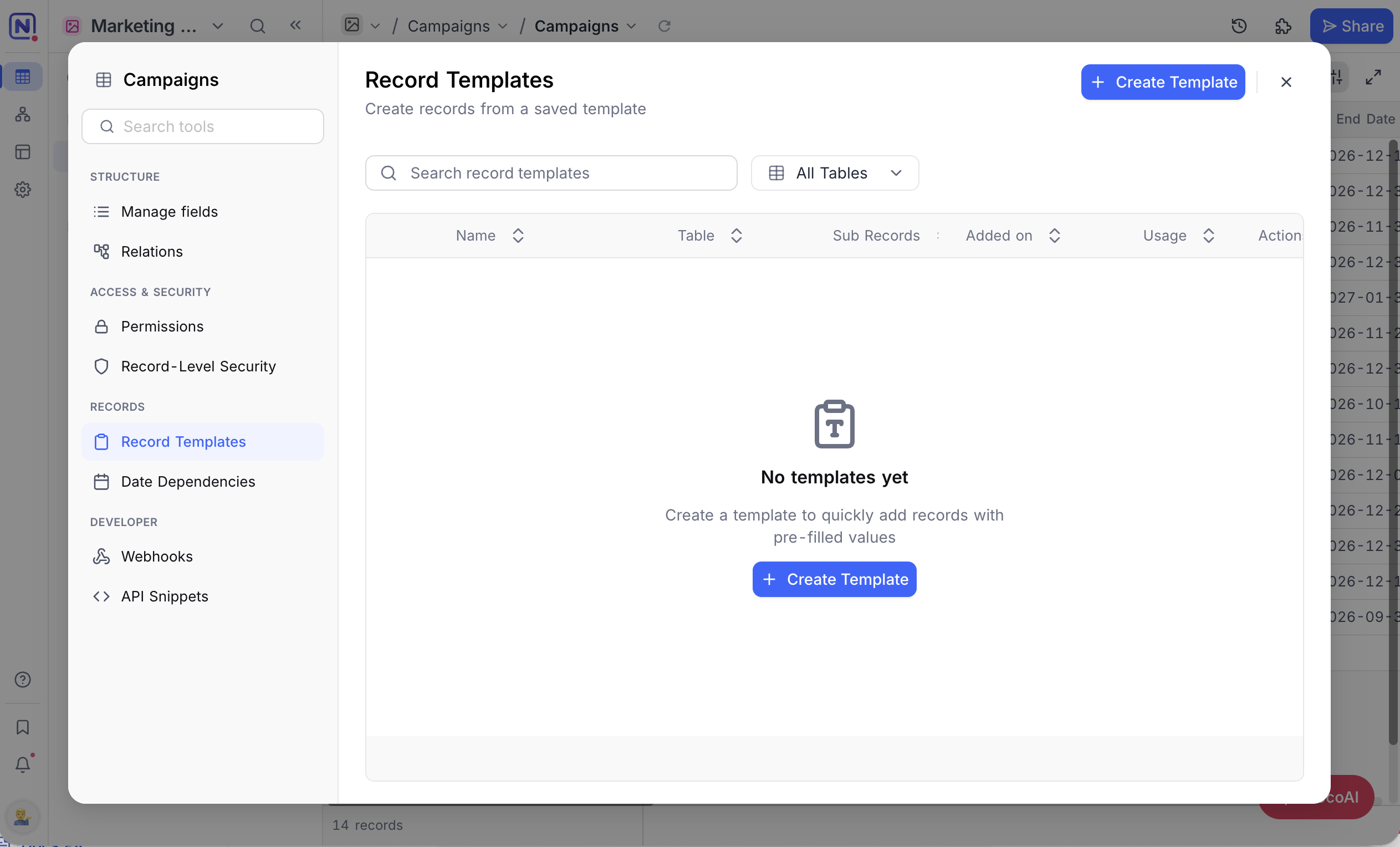 Record Templates in the Tools panel