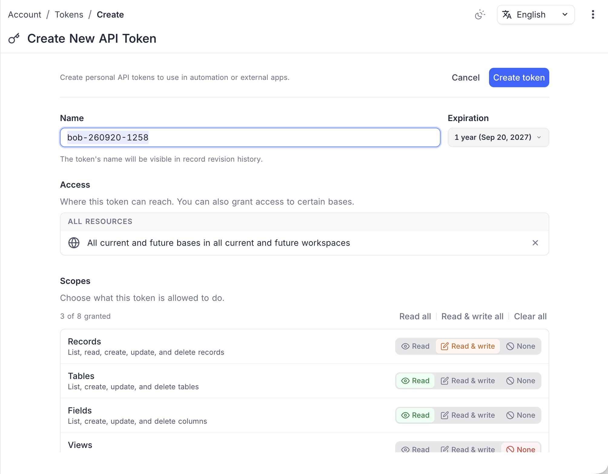 The Create New API Token page
