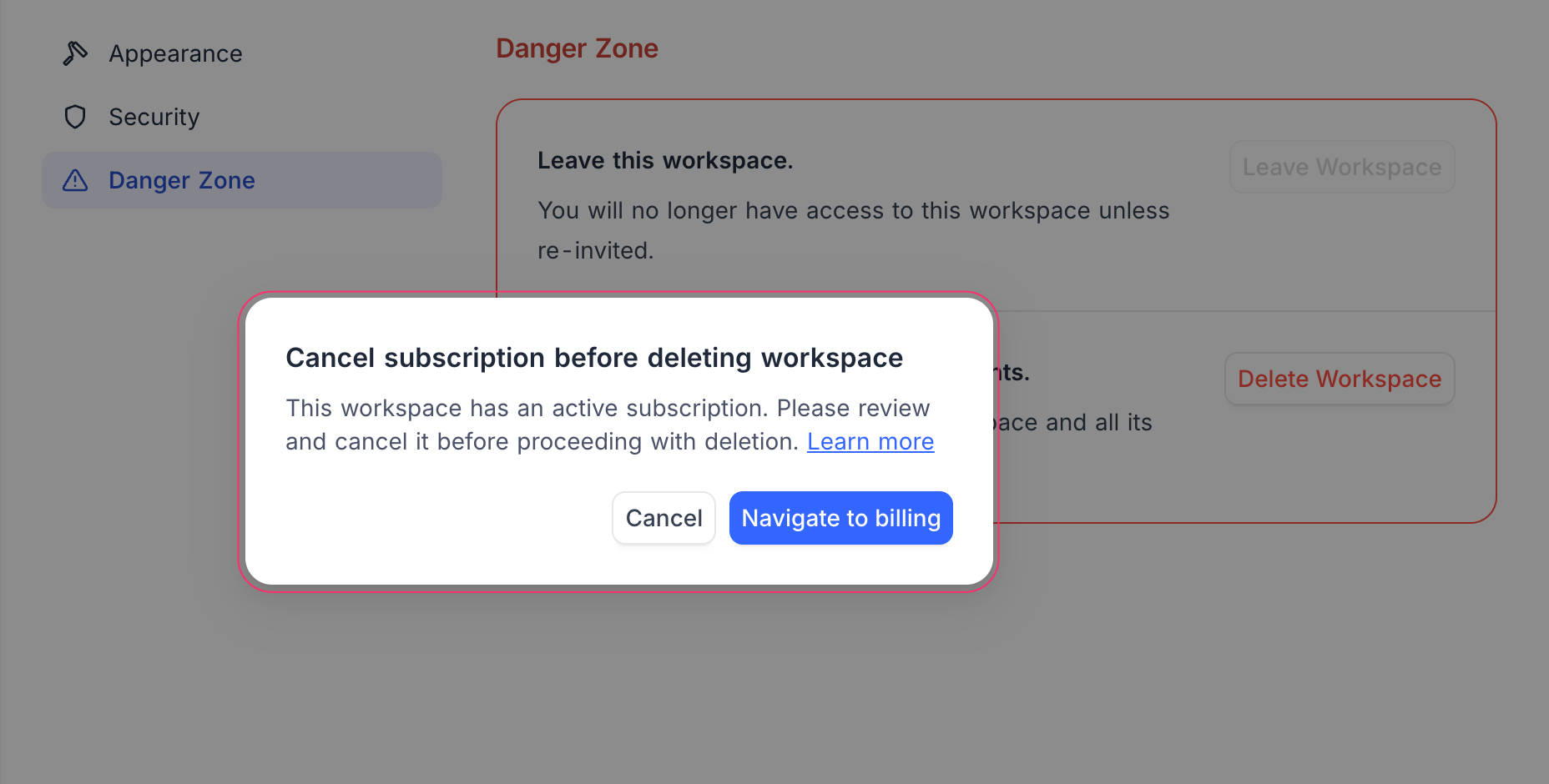 Cancel subscription before deleting workspace