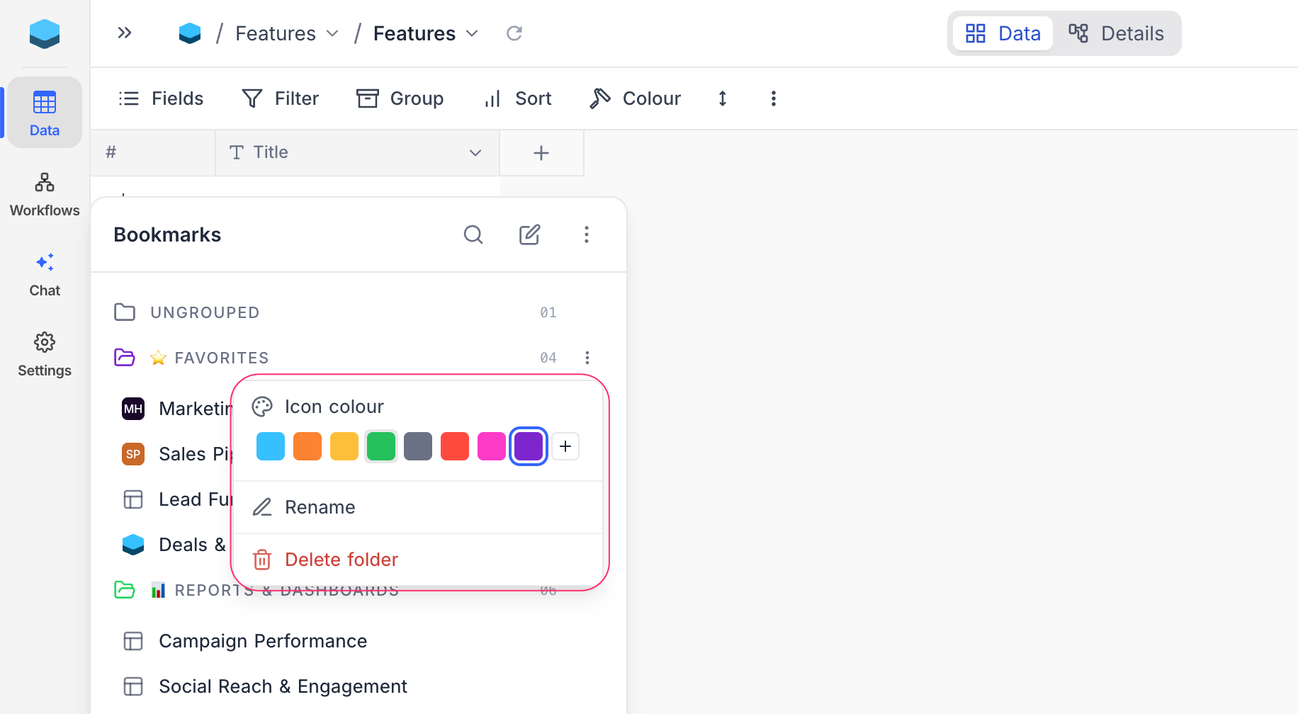 Folder options menu