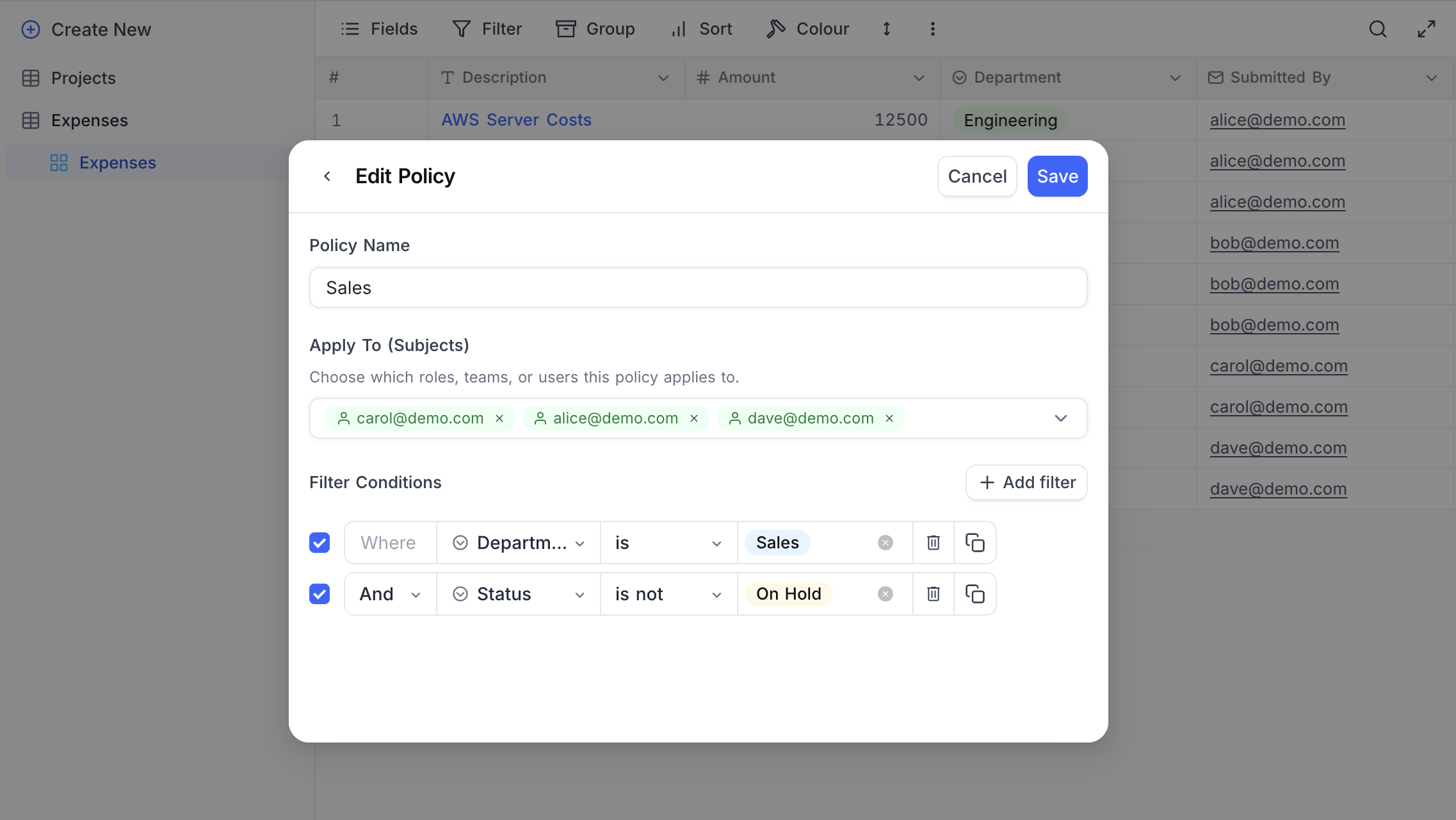 Scoped policy with subjects and filter conditions configured