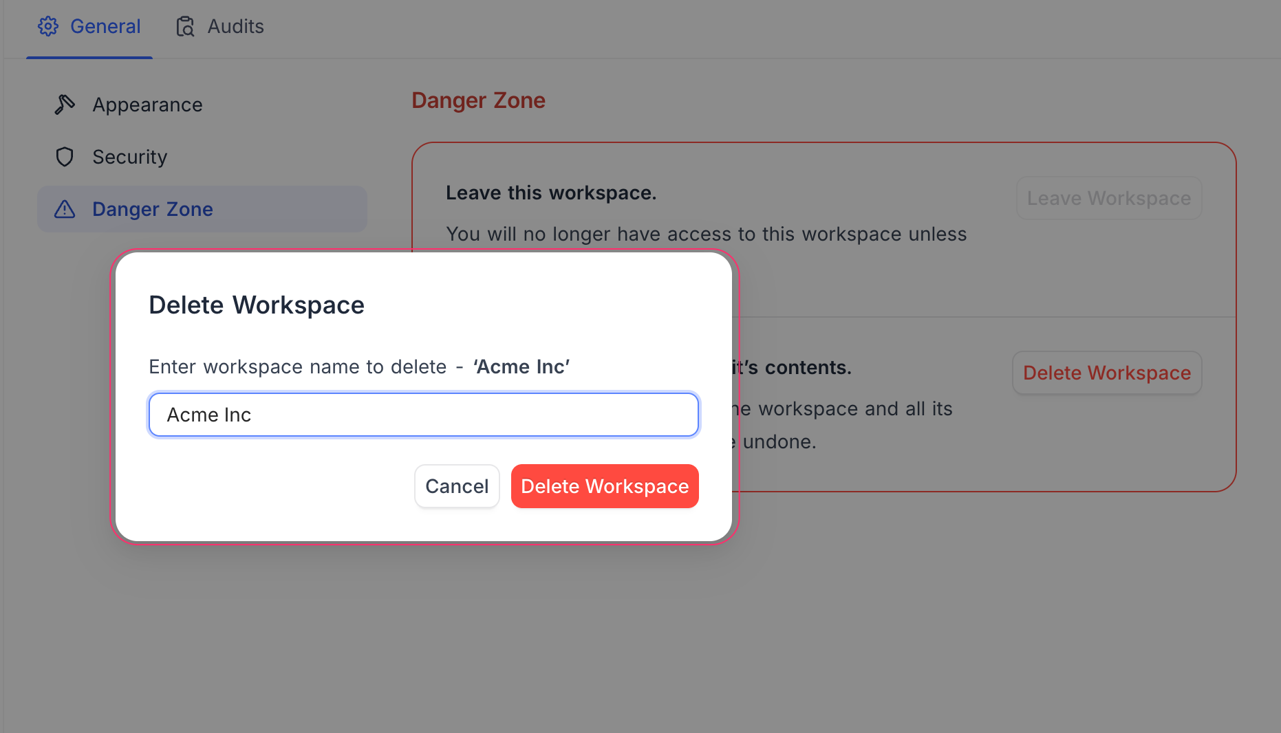 Delete workspace confirmation