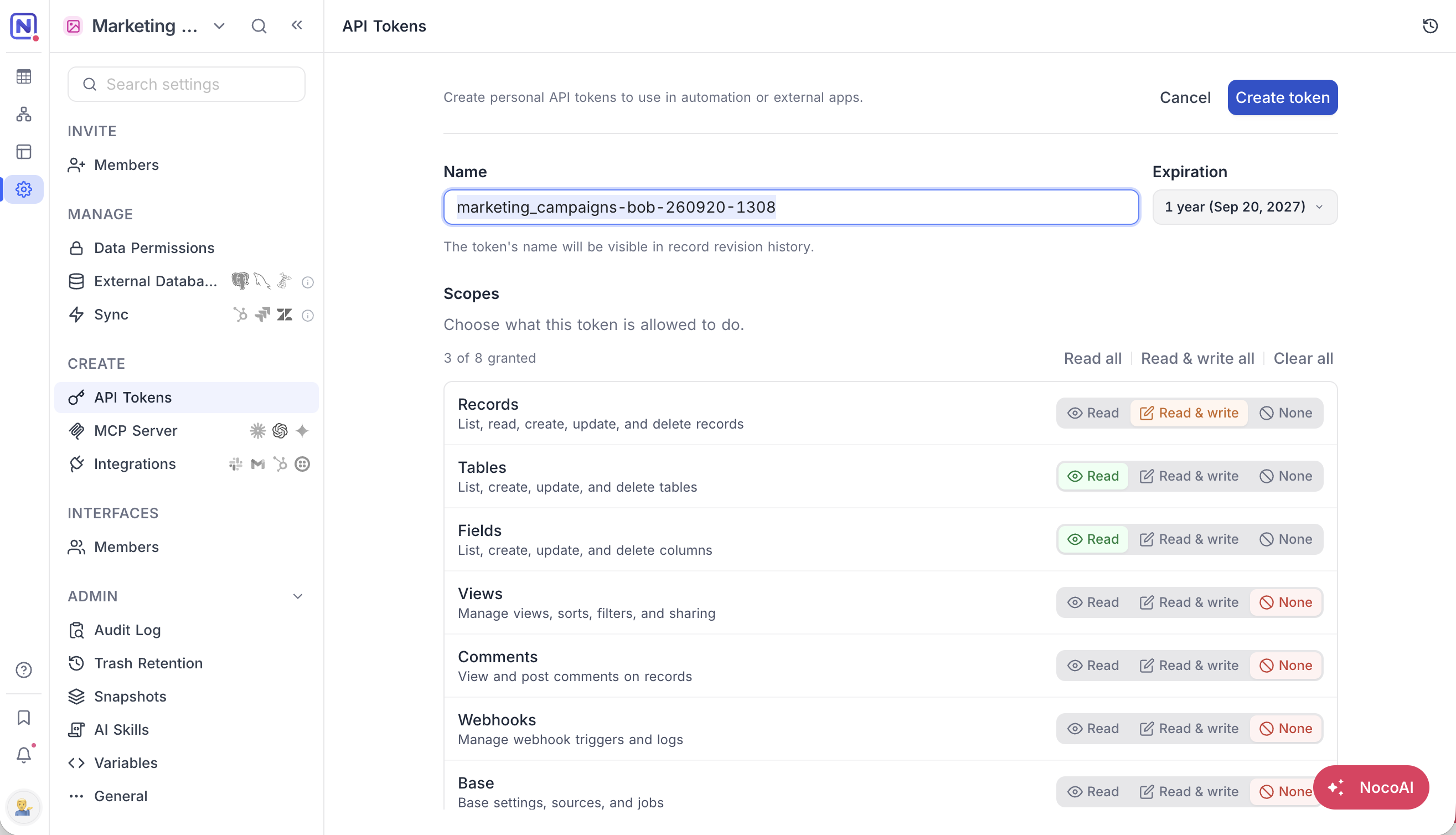 Creating a token from a base, with no Access section and a base-prefixed name