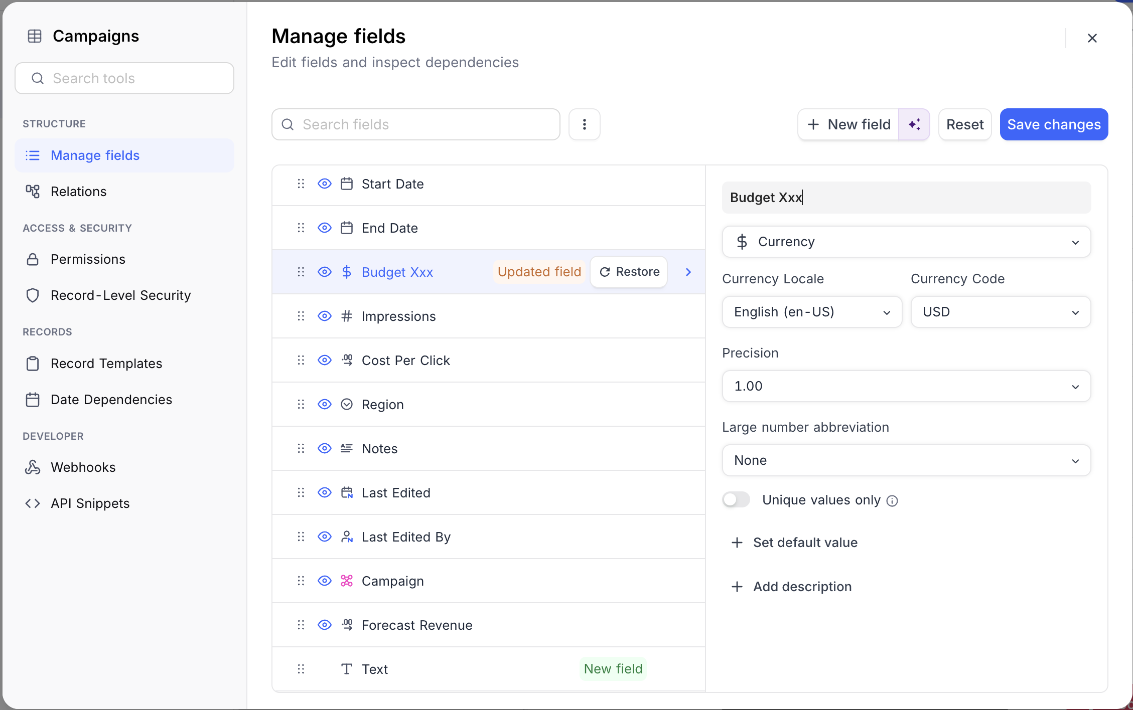 Editing a field in the multi-field editor