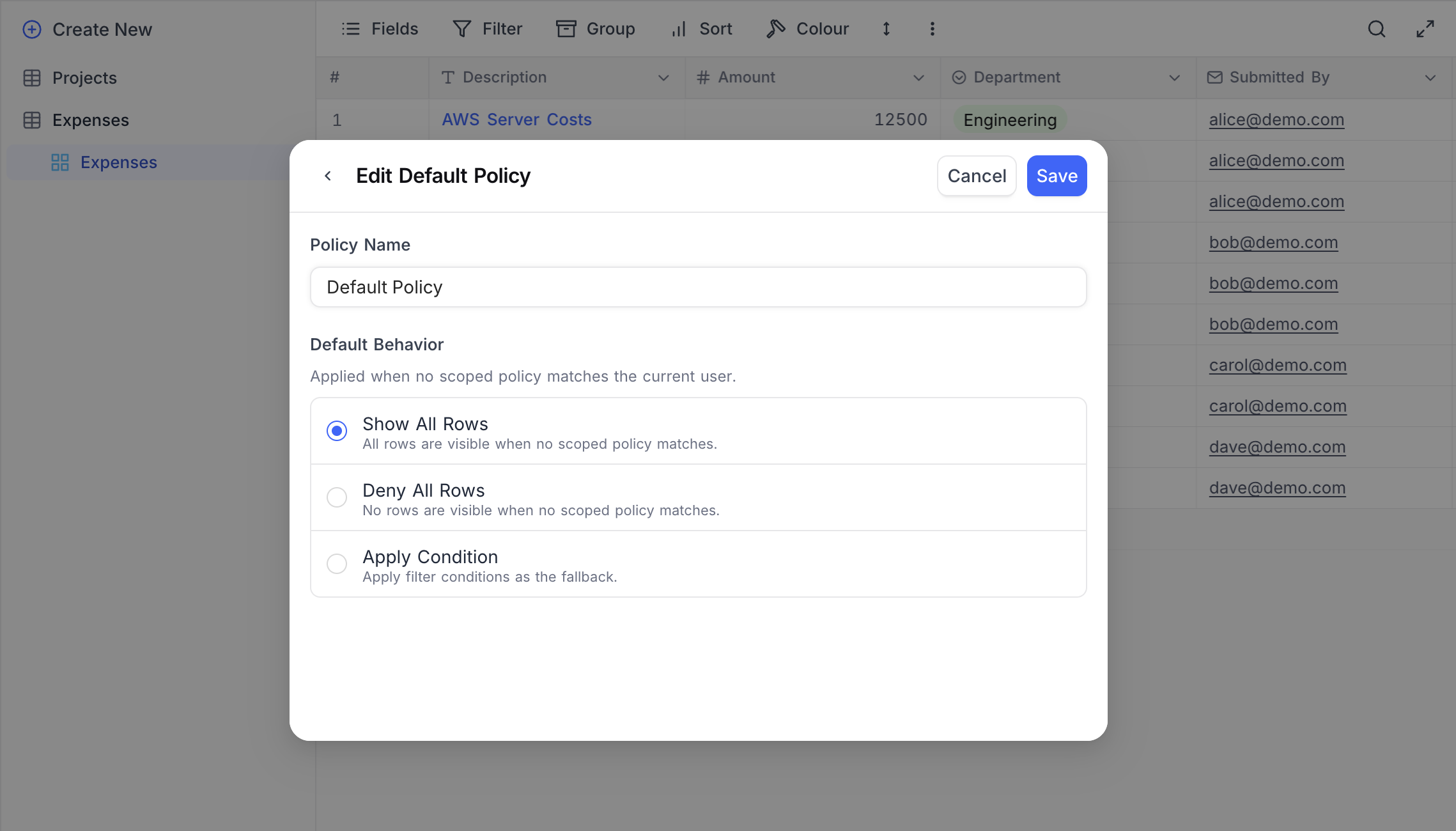 Default policy editor — behavior options