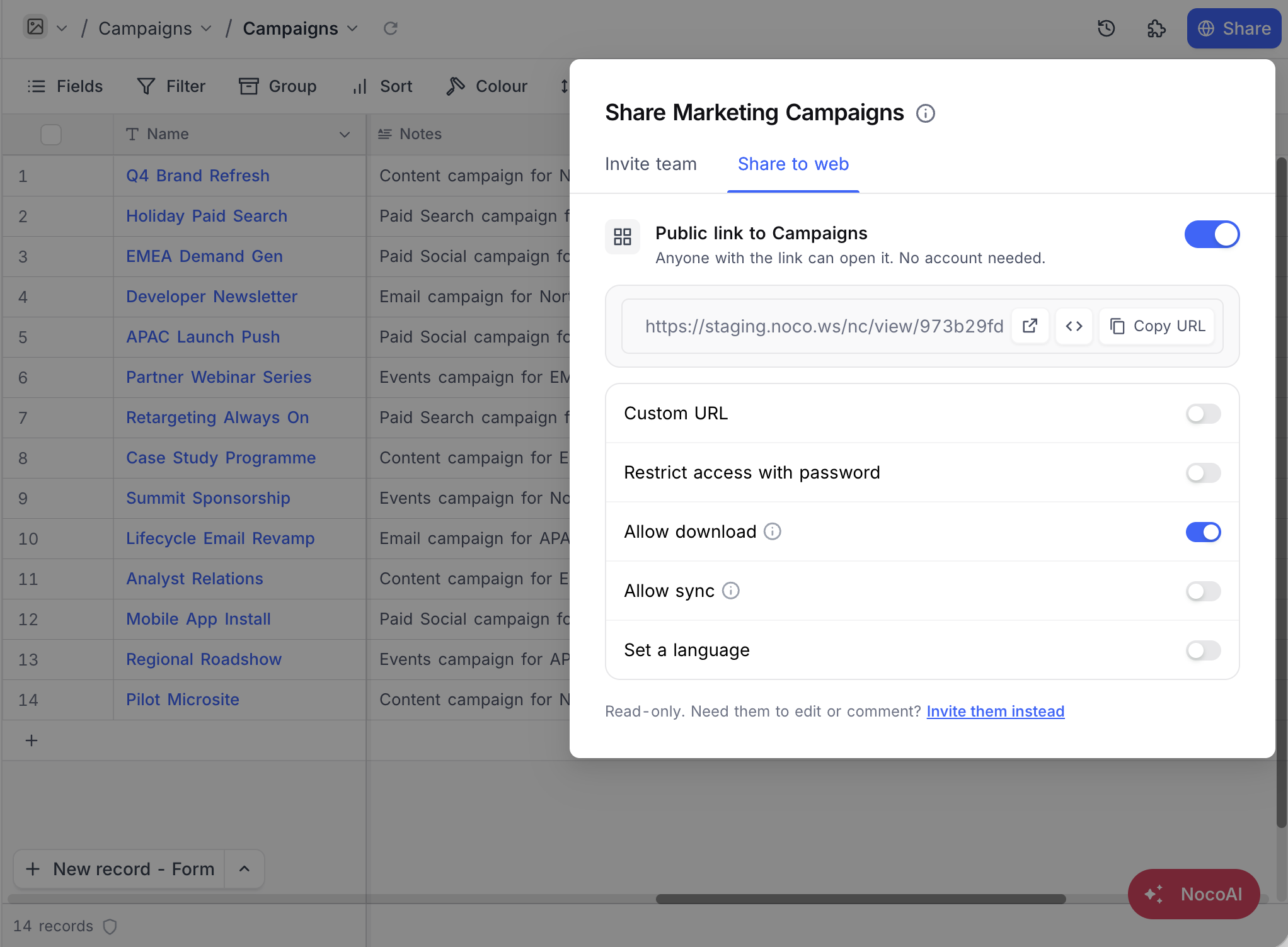 The shared view link and its options