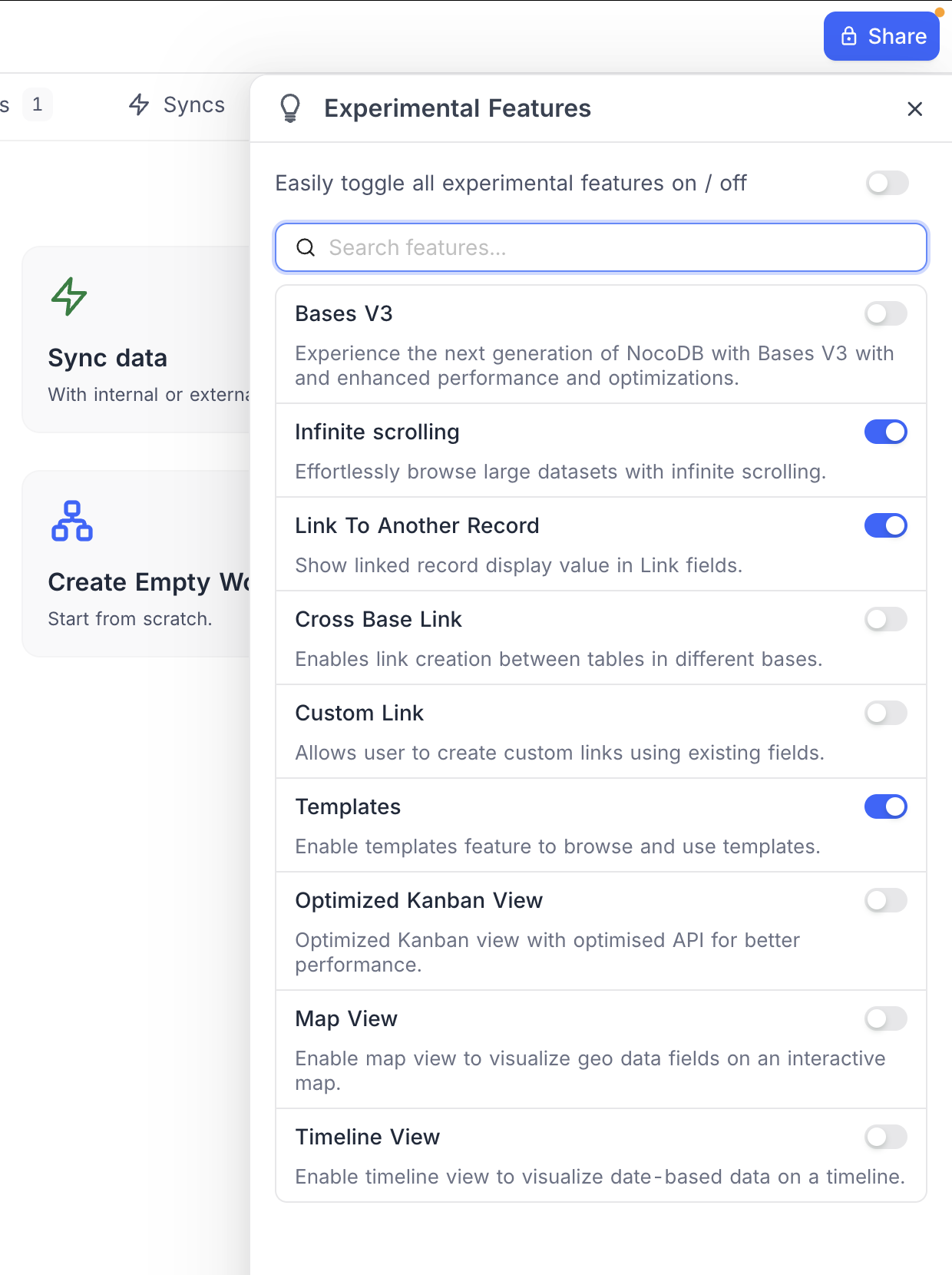 Experimental Features panel
