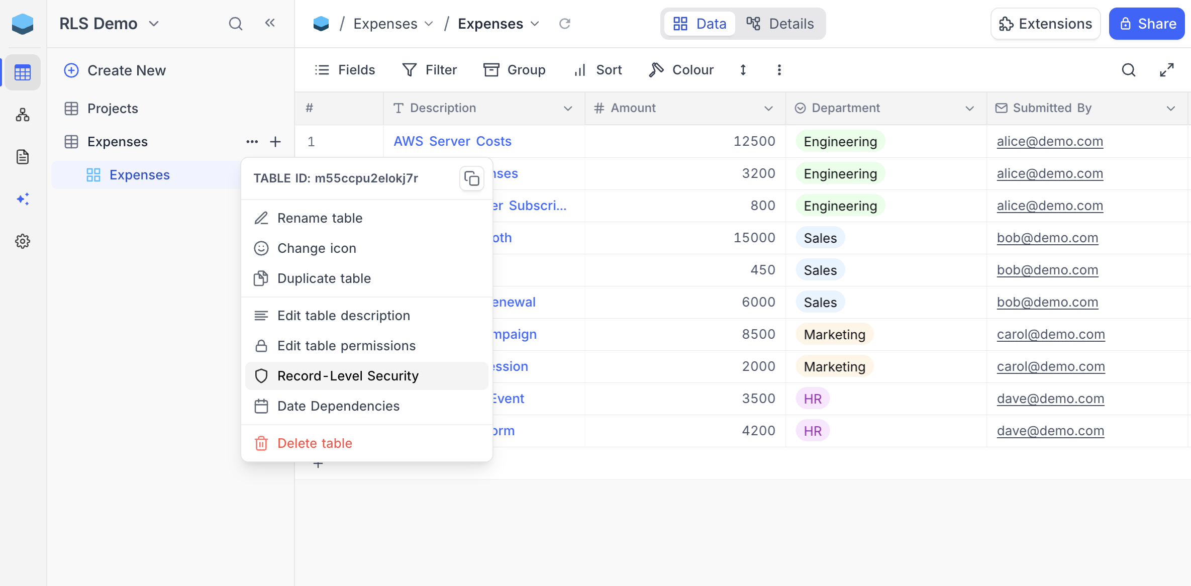 Accessing Record-Level Security from table context menu