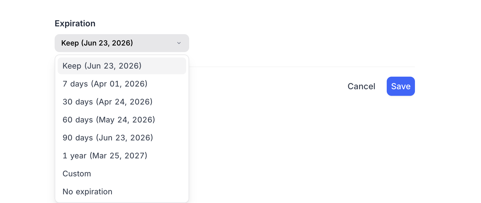 Expiration dropdown in edit mode