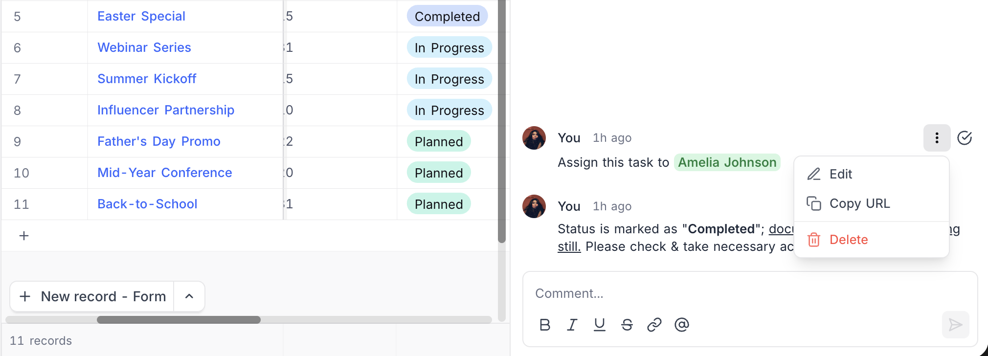 Comment options menu