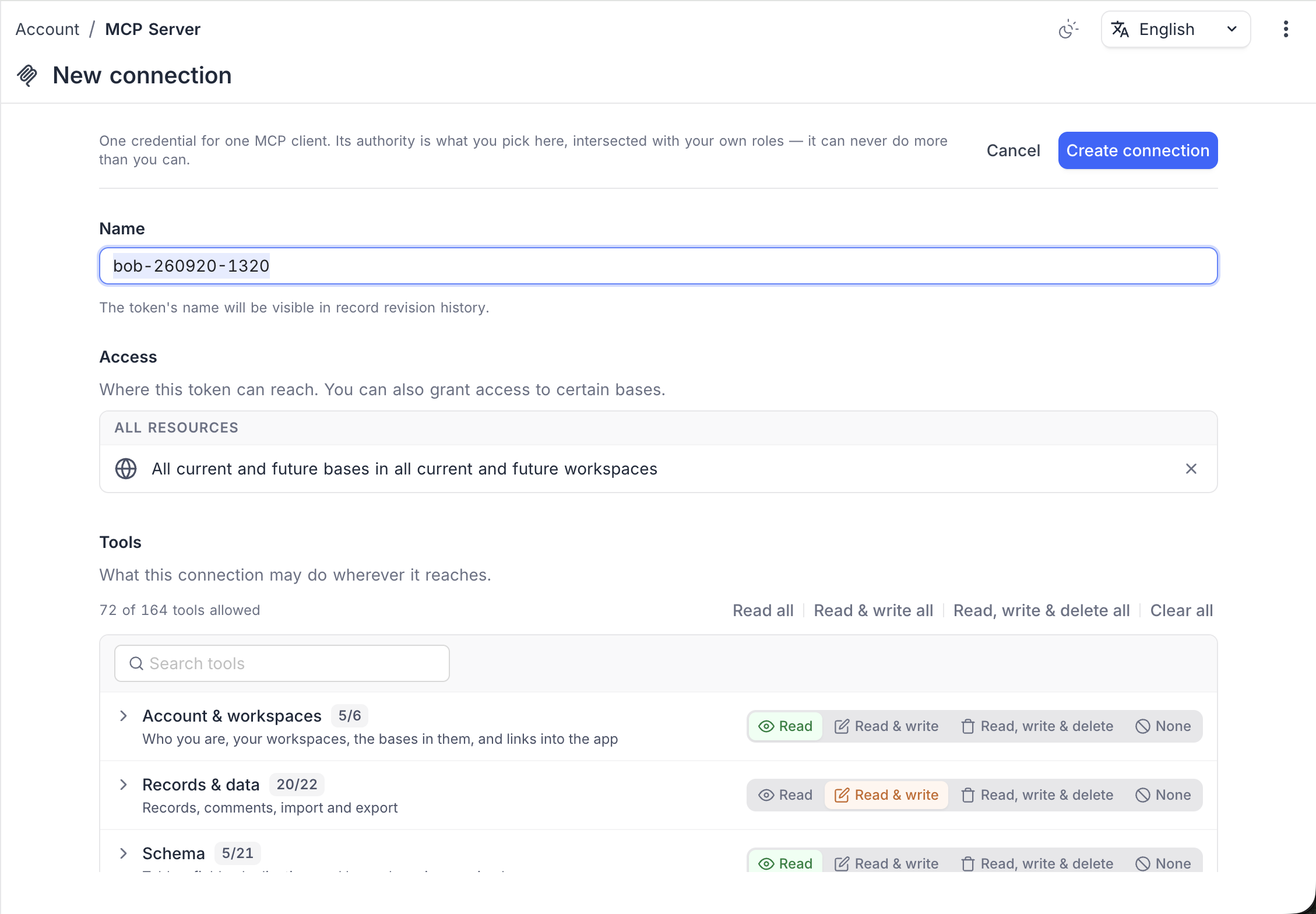 The New connection form in account settings