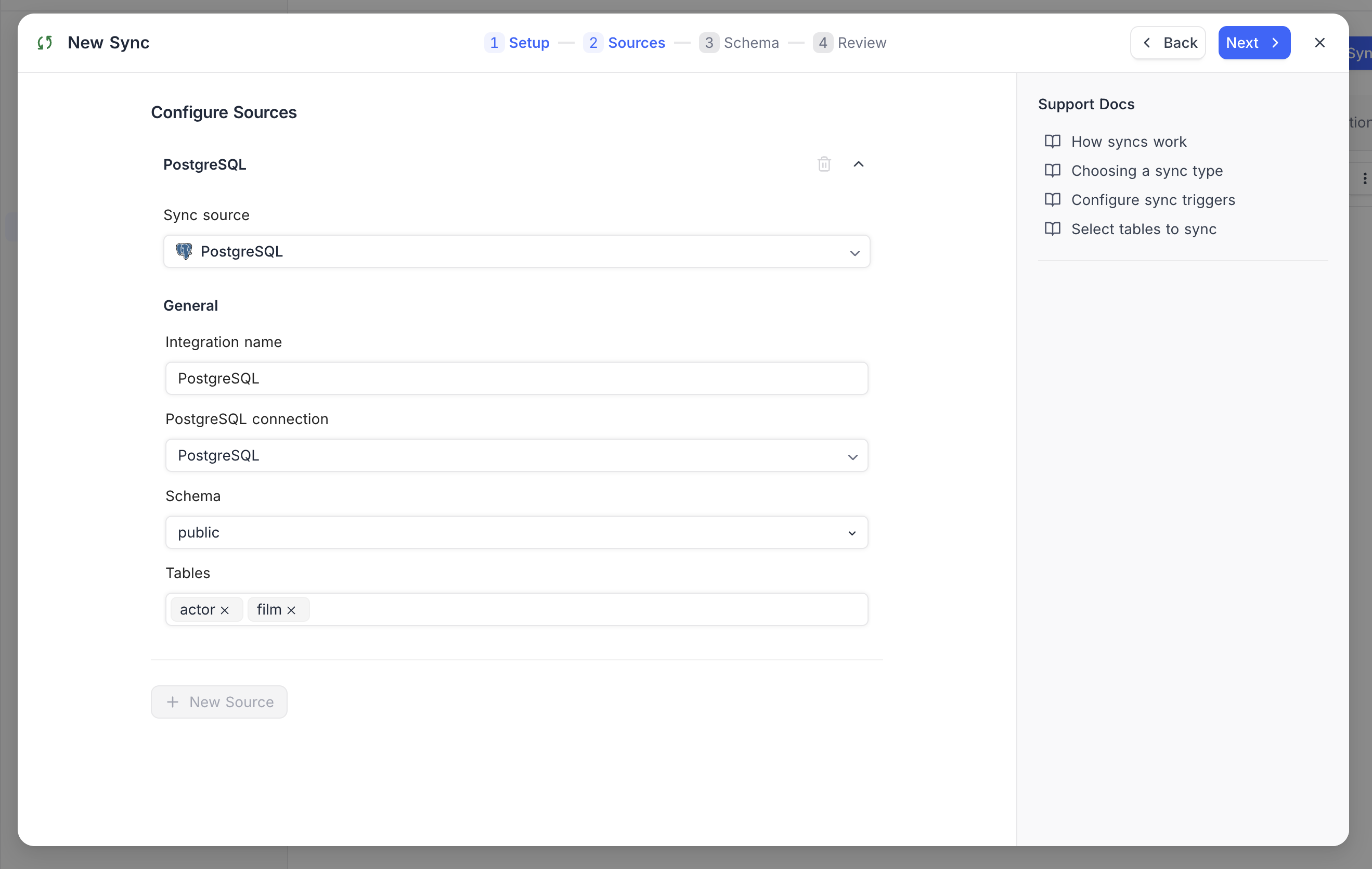 Custom Sync source configuration with schema and table selection