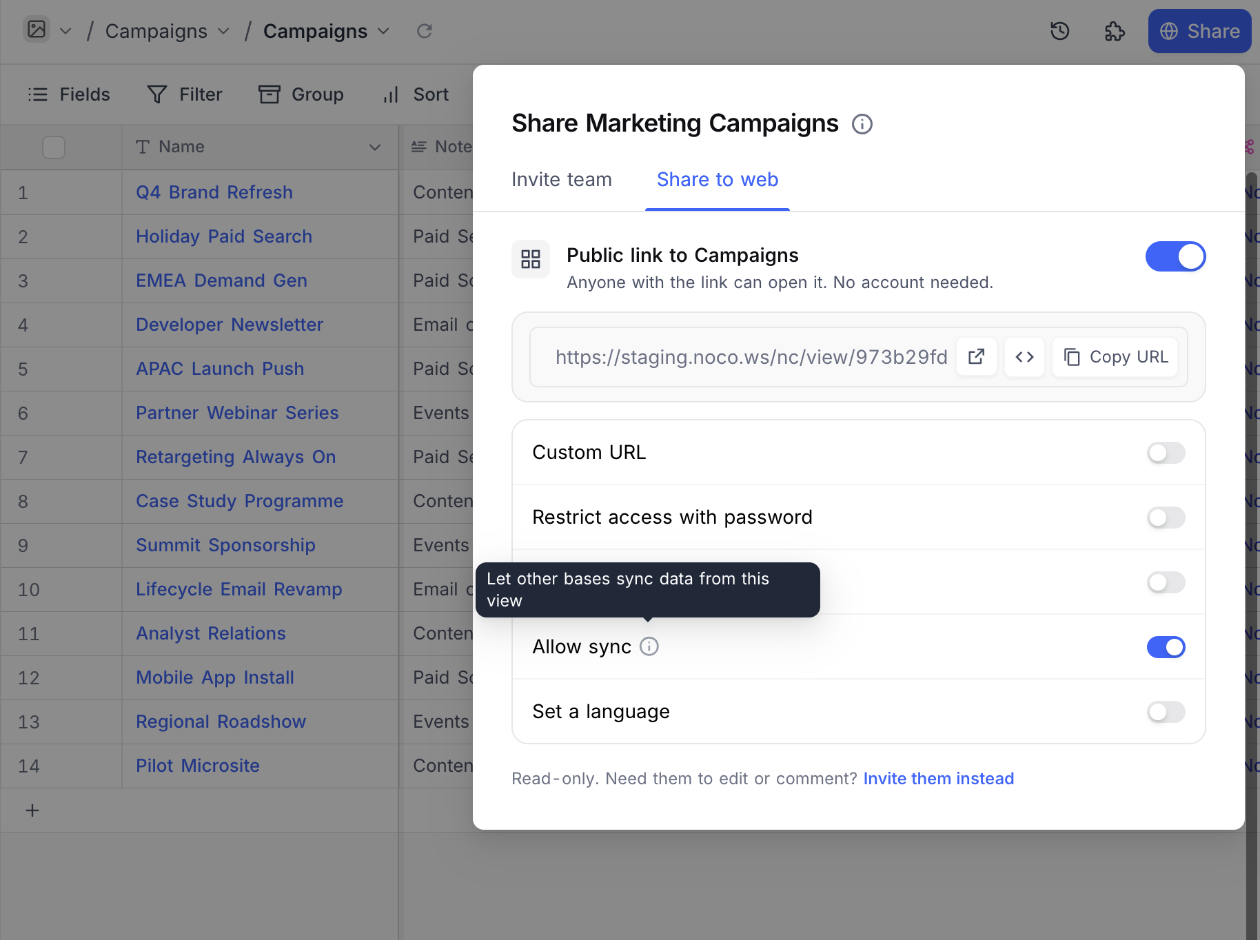Allow sync toggle in share dialog