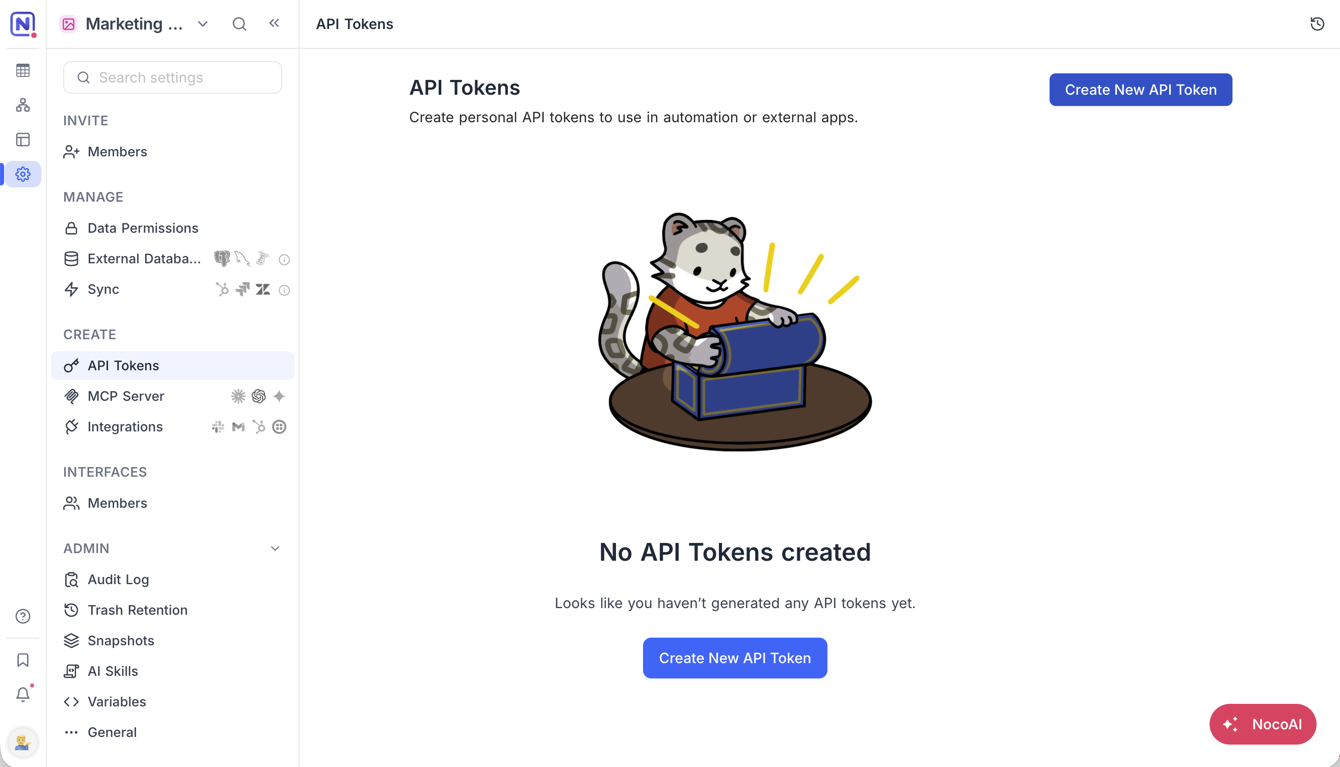 The API Tokens page in base settings