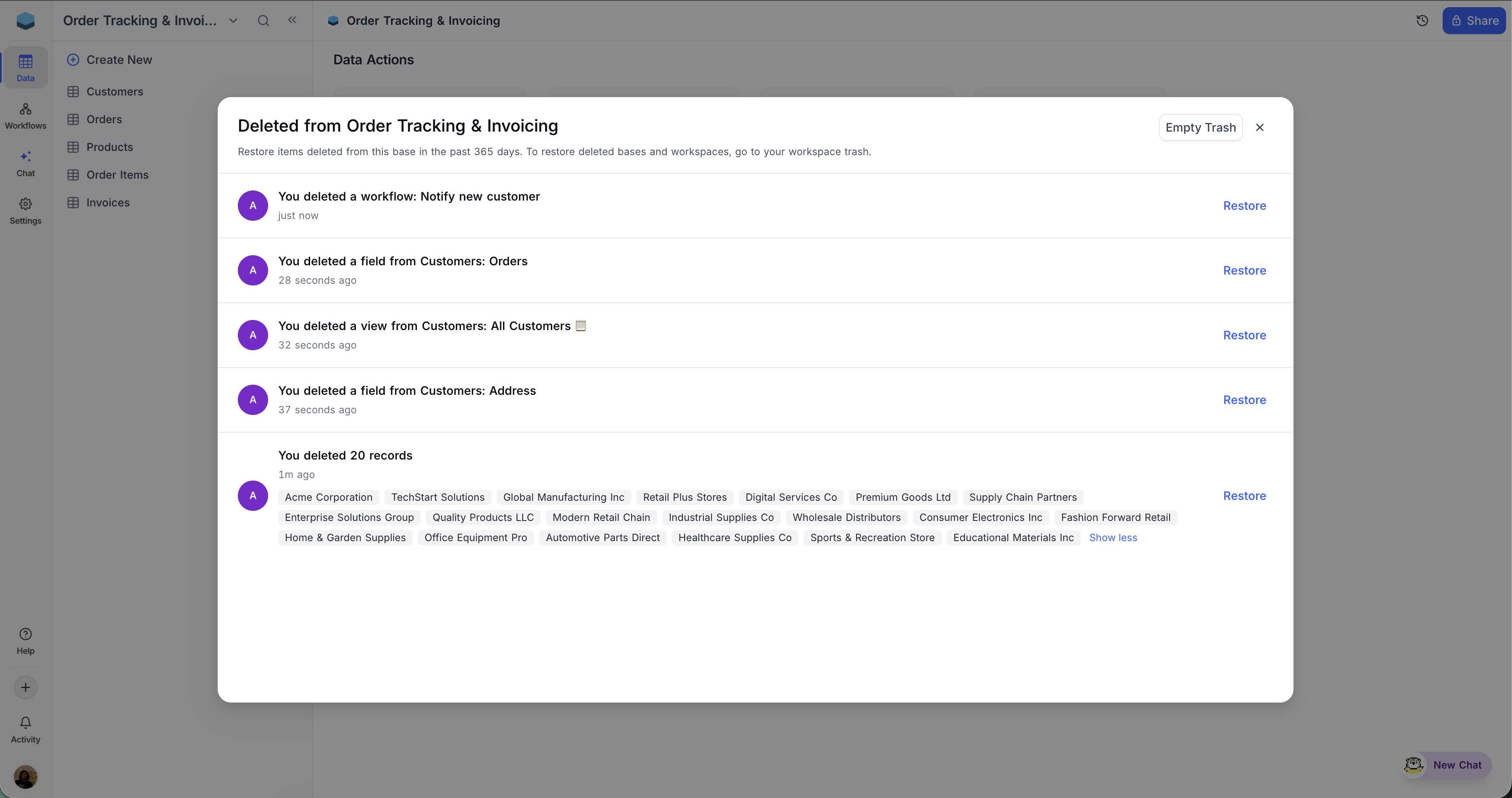 Trash modal overview