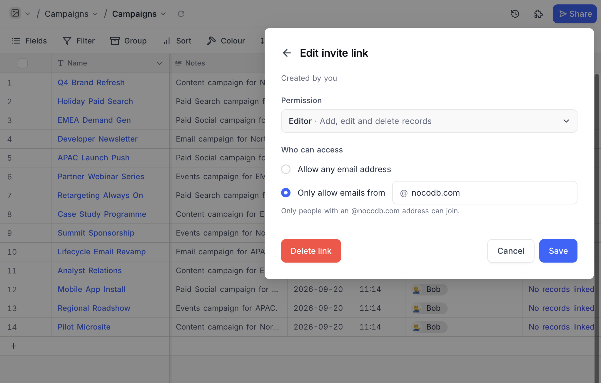 The Edit invite link screen