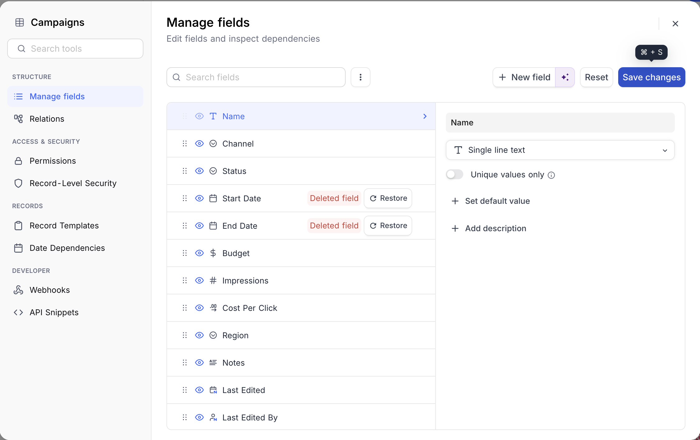 Fields marked for deletion, pending save