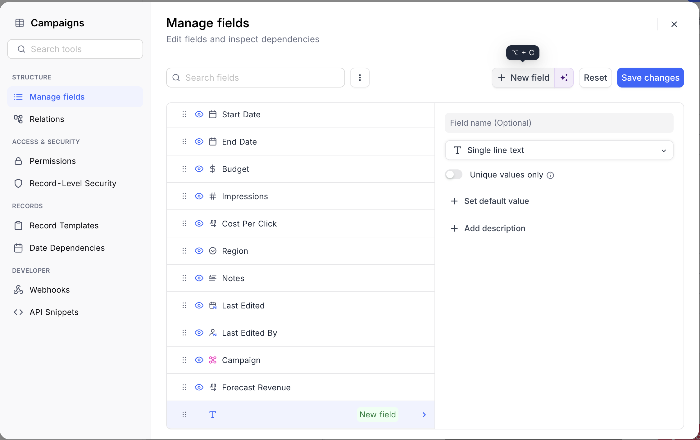 Adding a field in the multi-field editor