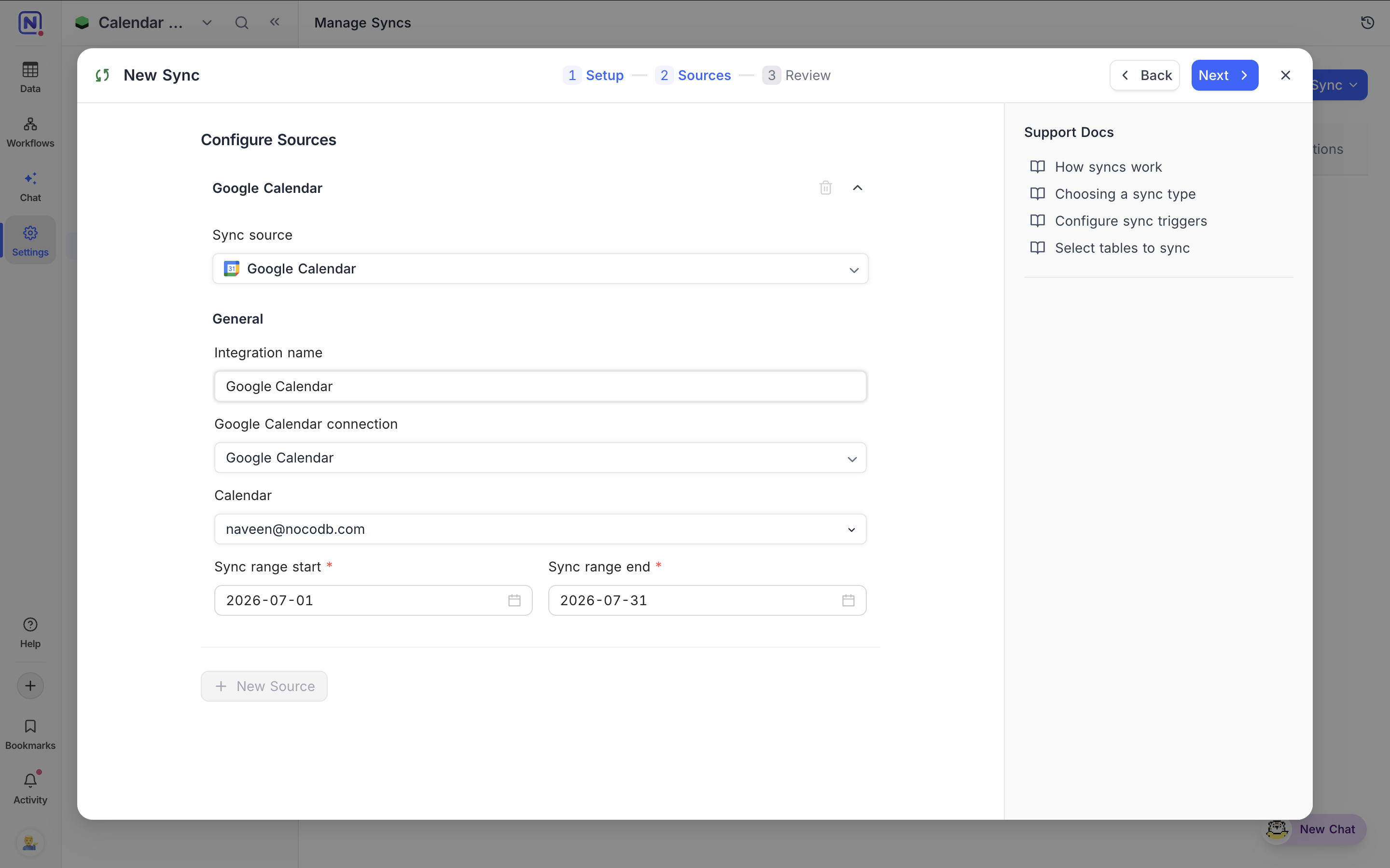 Google Calendar sync source configuration