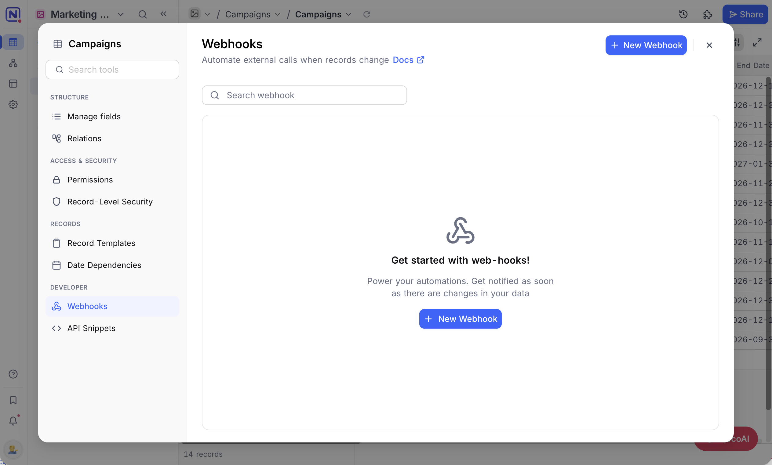 Webhooks selected in the tools rail