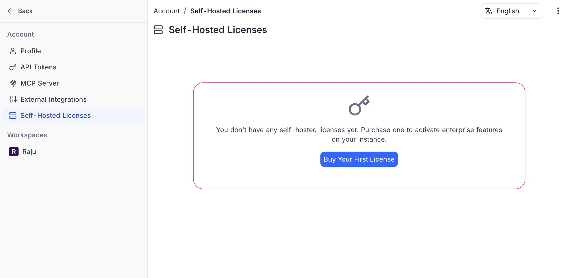 Self-Hosted Licenses empty state