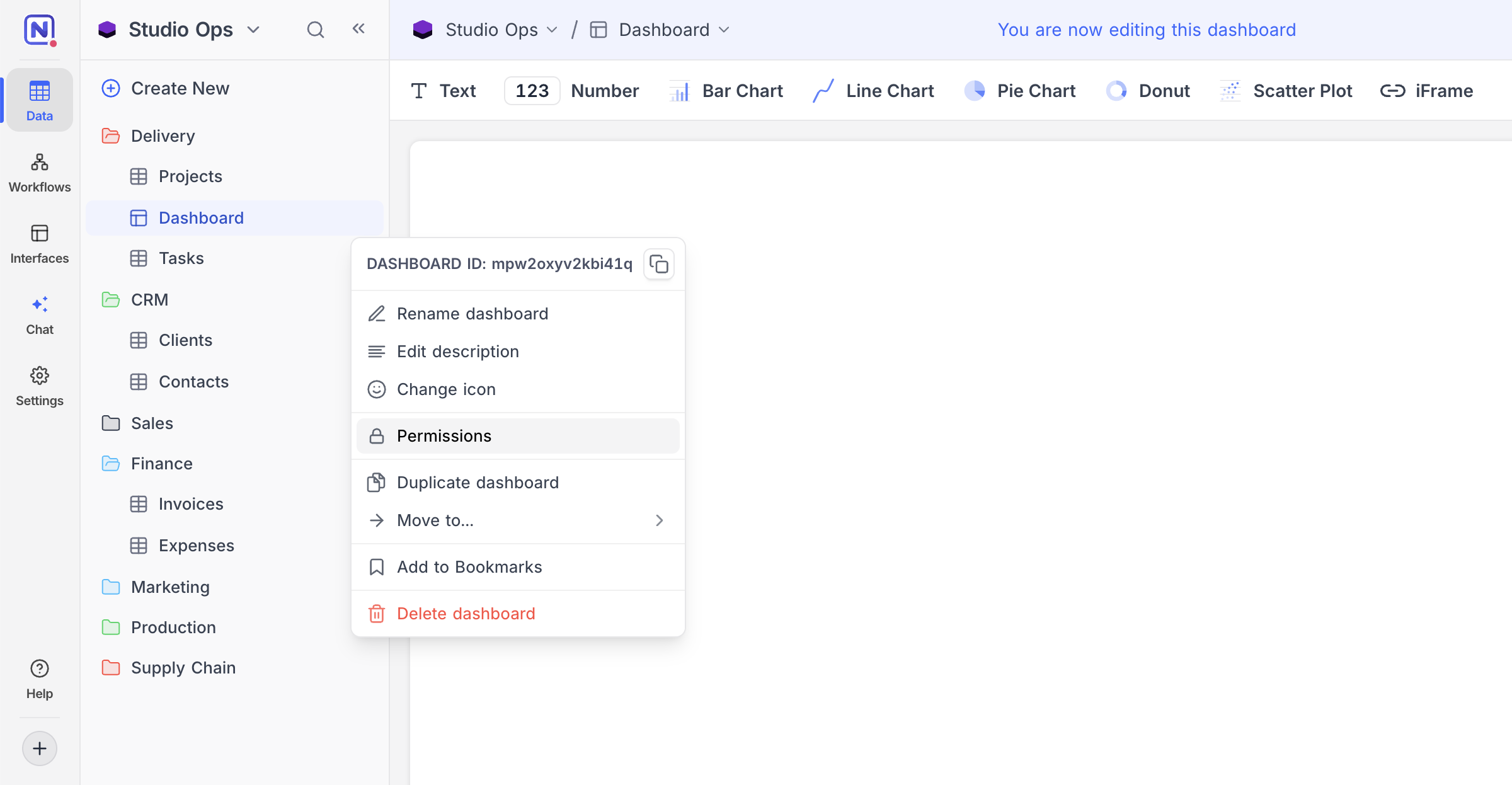 Dashboard context menu with the Permissions option