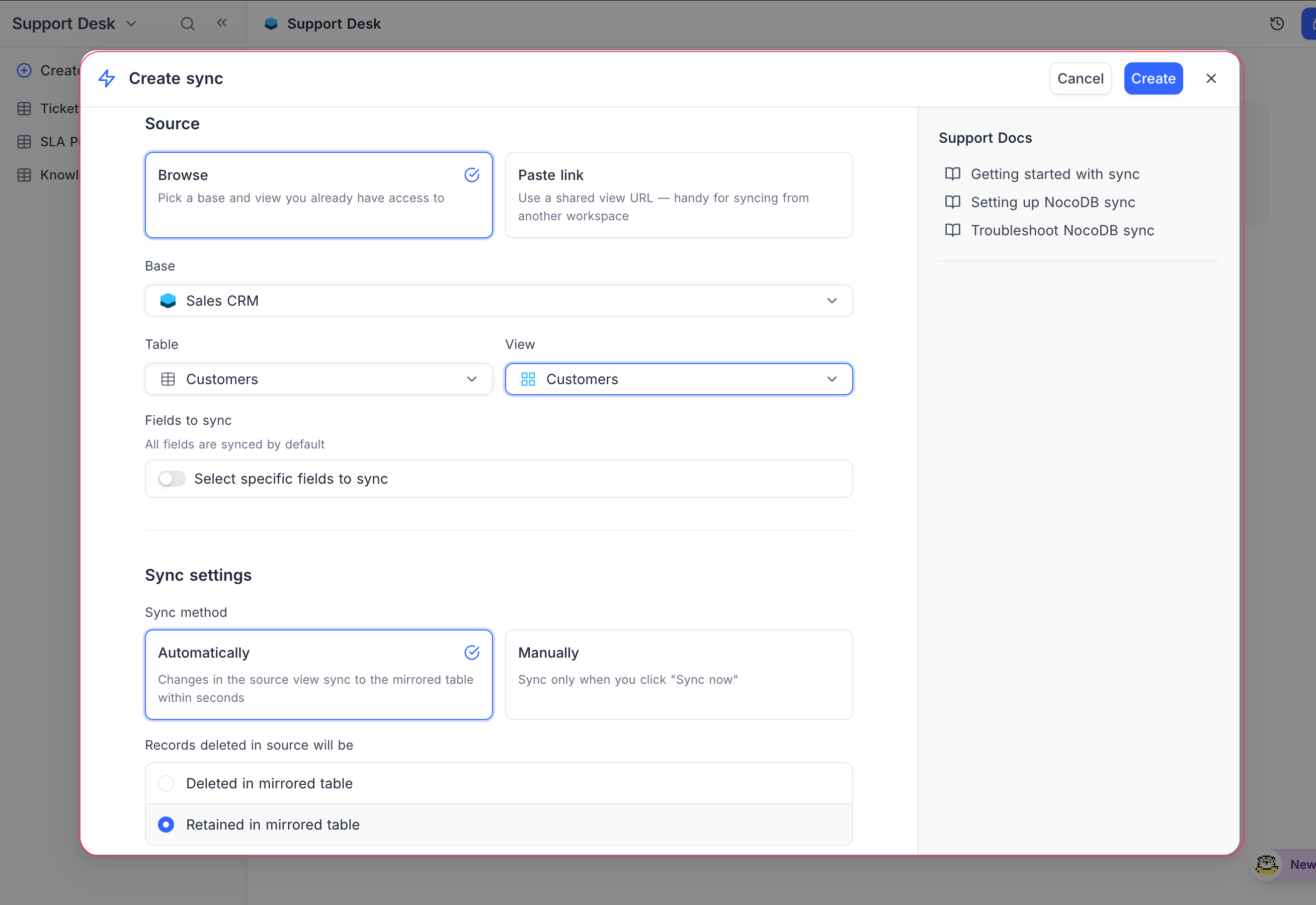 Create sync — Browse mode