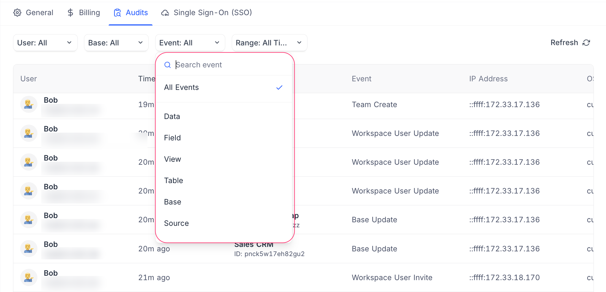 Filter audit logs by event