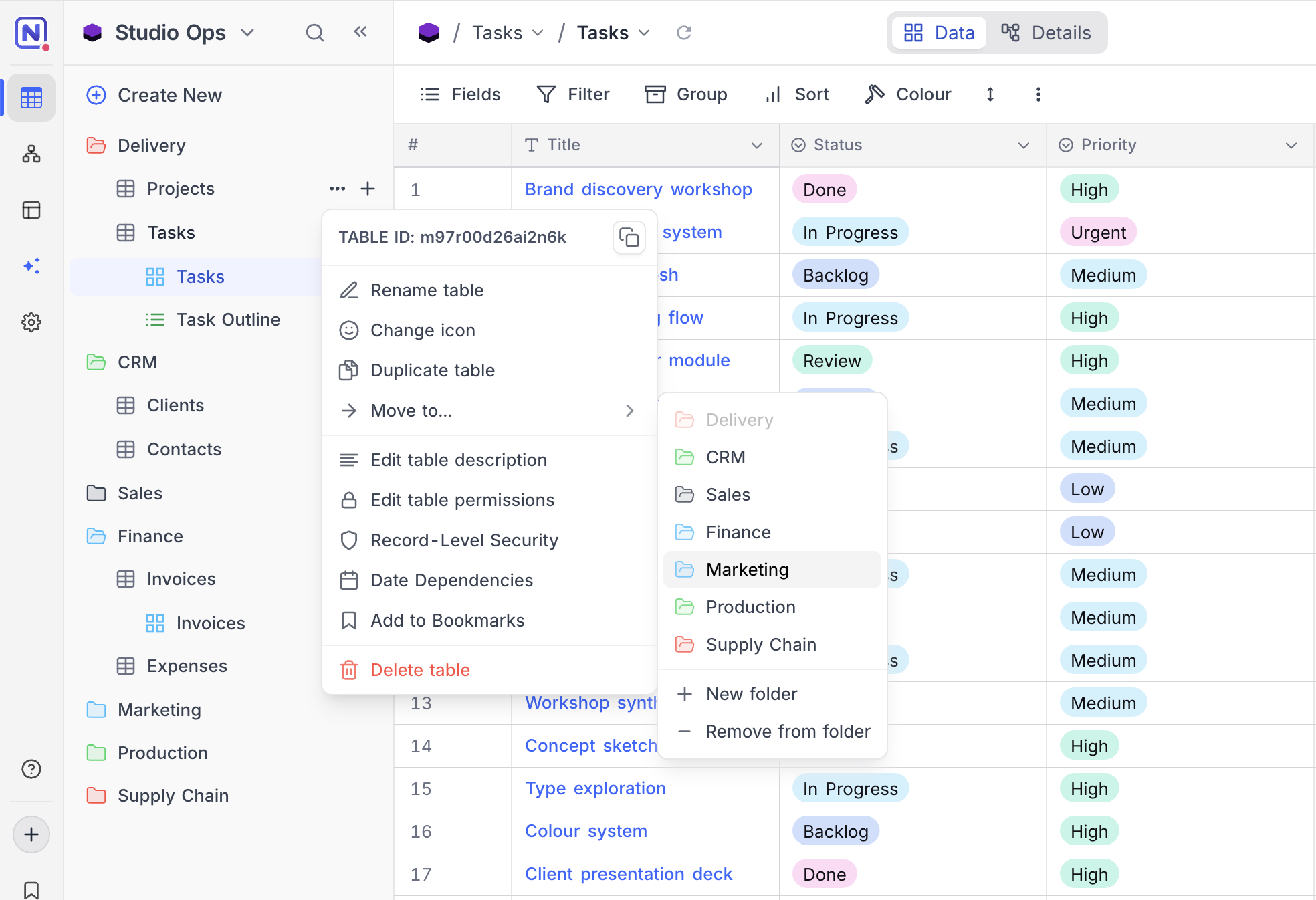 Moving a table into a sidebar folder from the Move to menu