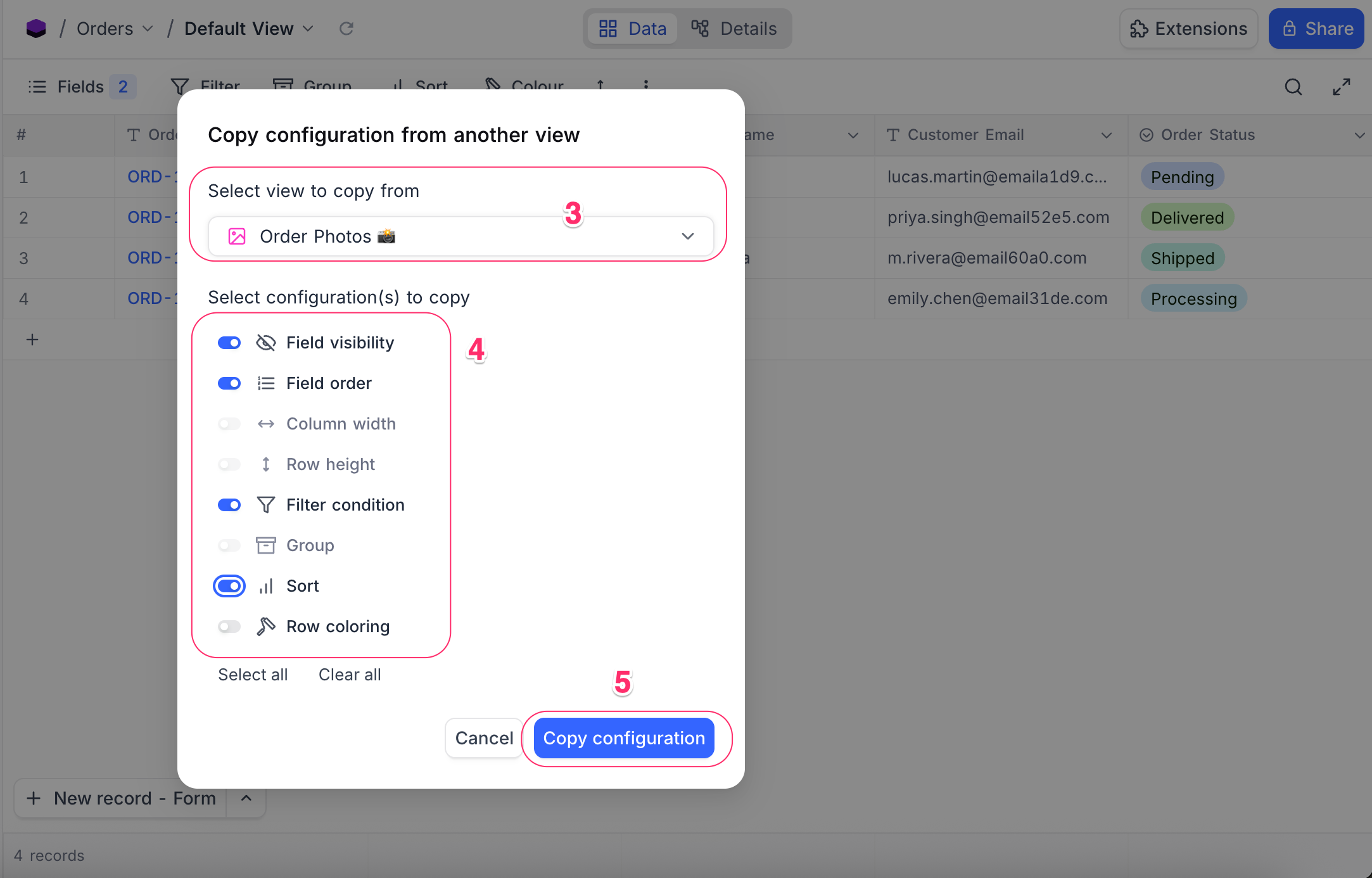 Copy view configuration