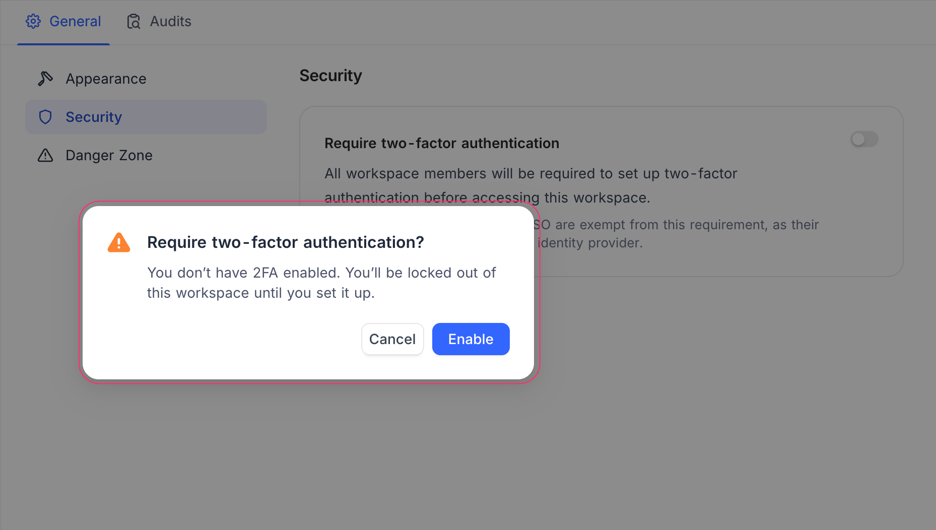 Confirm require two-factor authentication