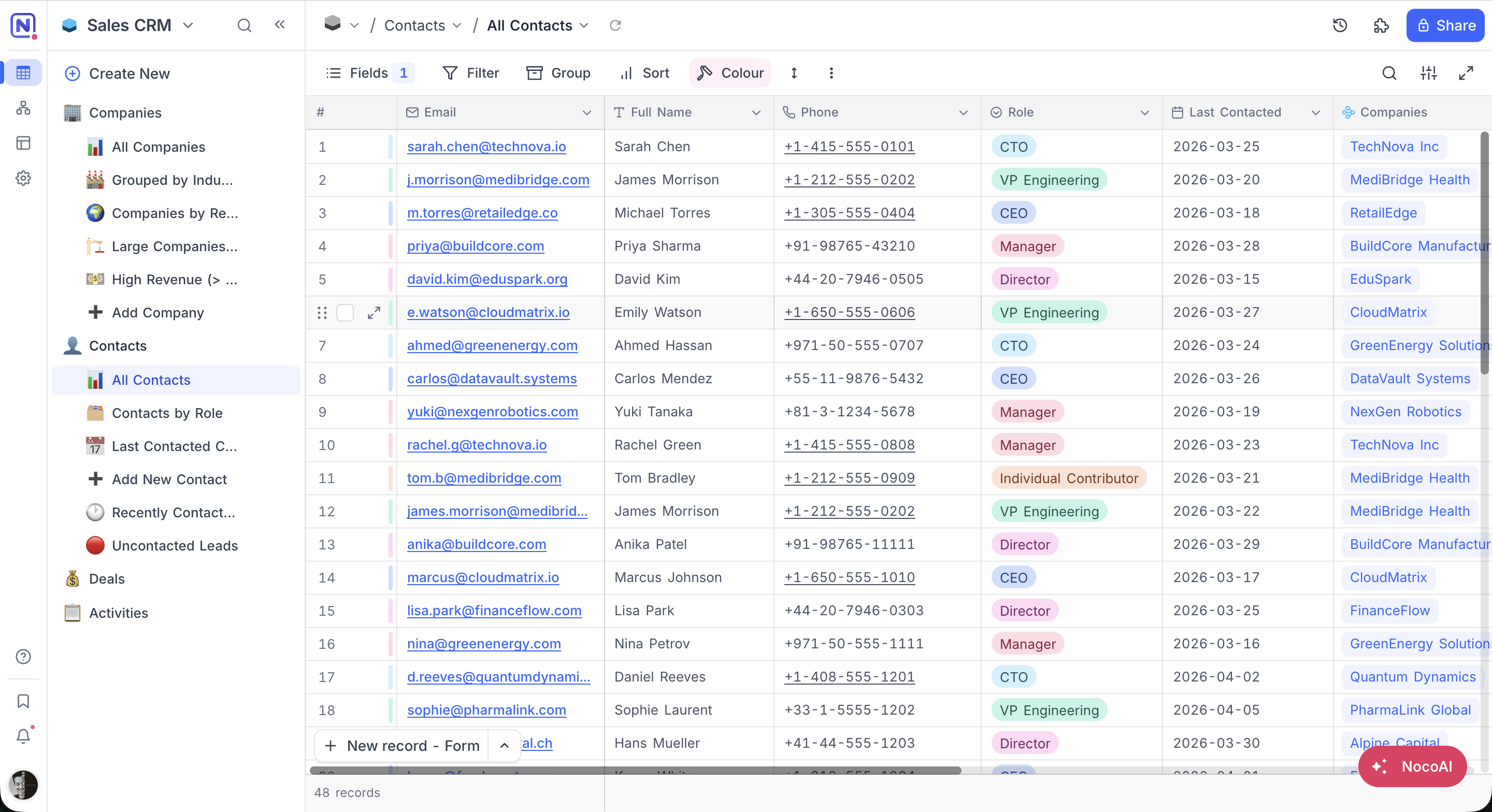 The NocoDB interface, with the minibar, sidebar, navbar, toolbar, view area and footbar