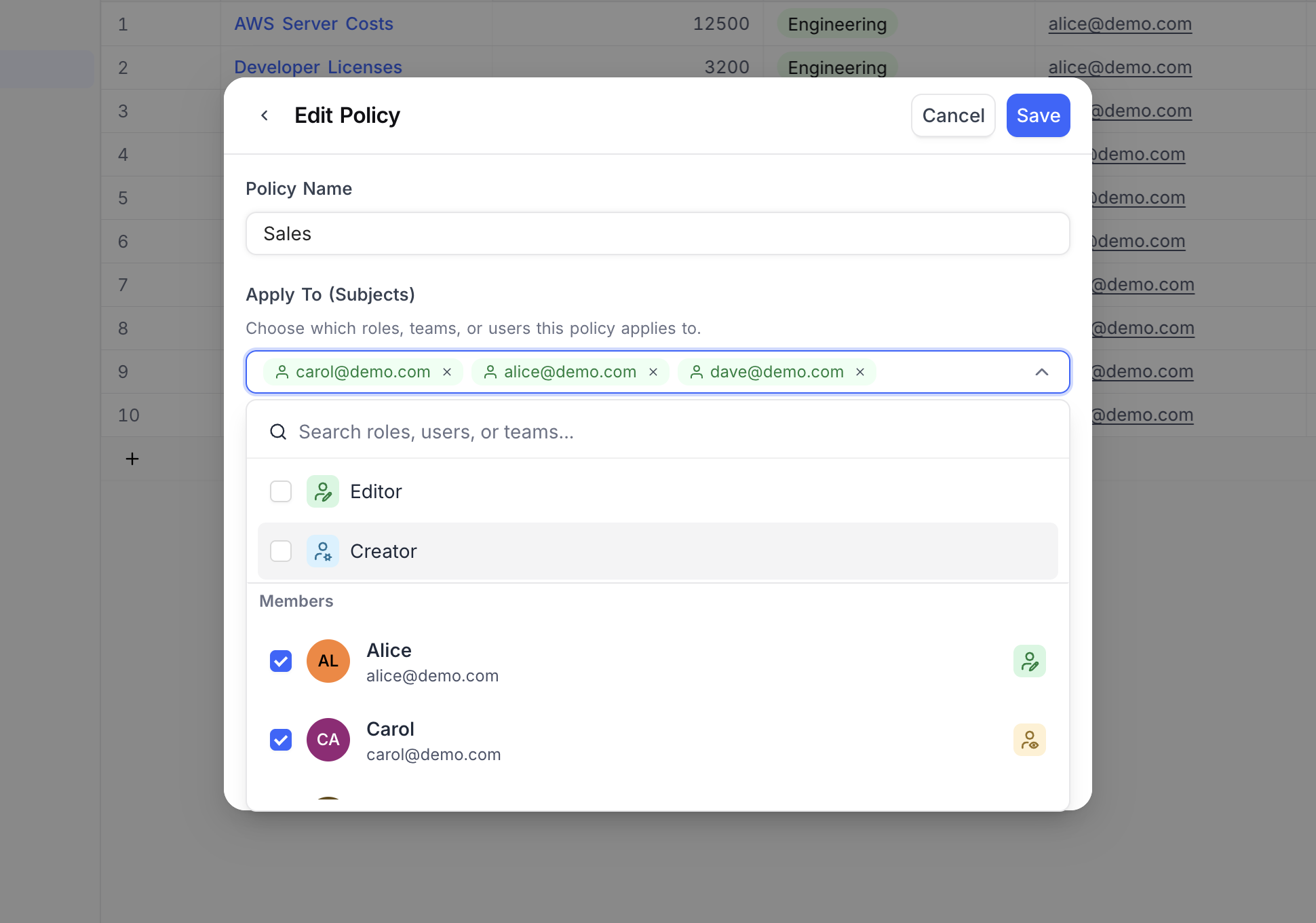 Selecting subjects — roles, members, and teams