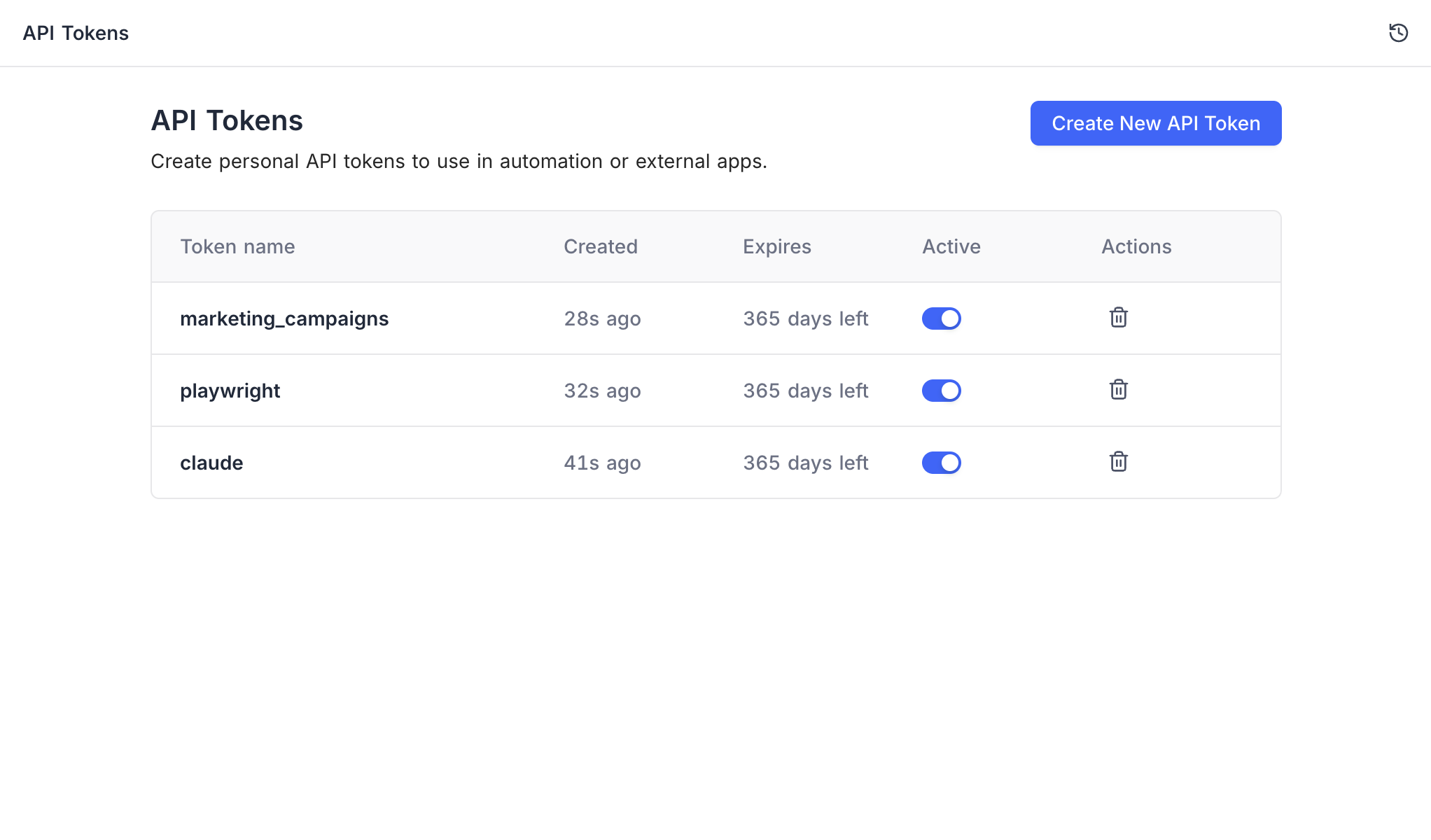 The API token list
