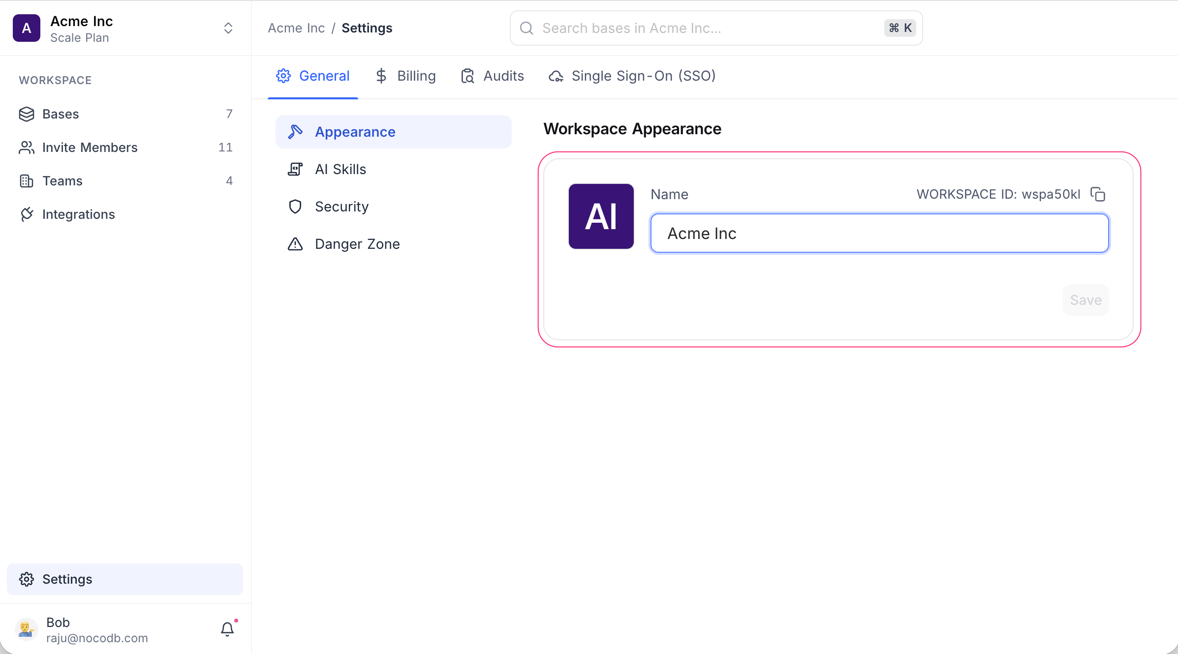 Renaming a workspace under Appearance