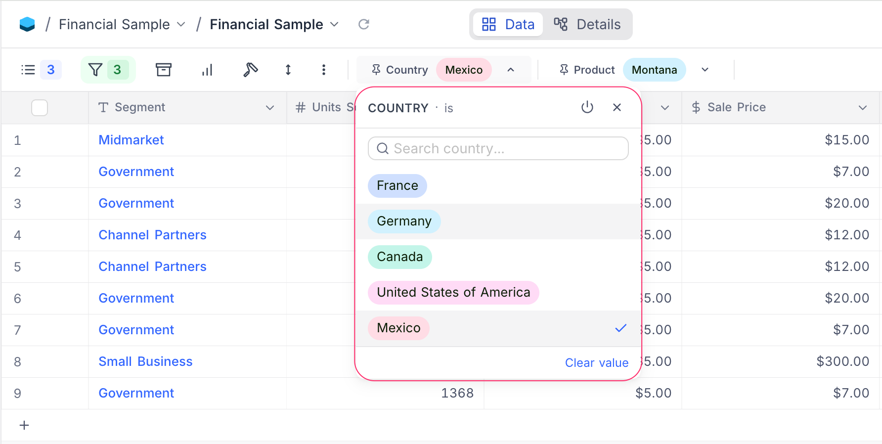 Pinned Filter Actions