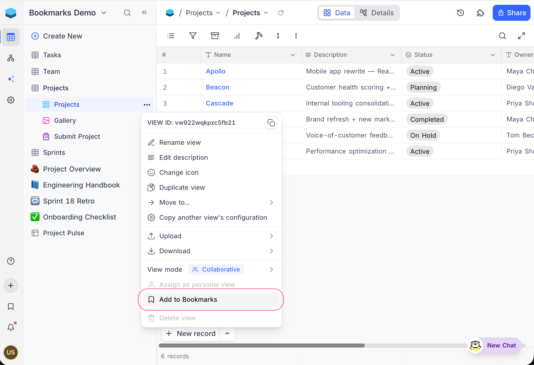 Add to bookmarks from a view context menu