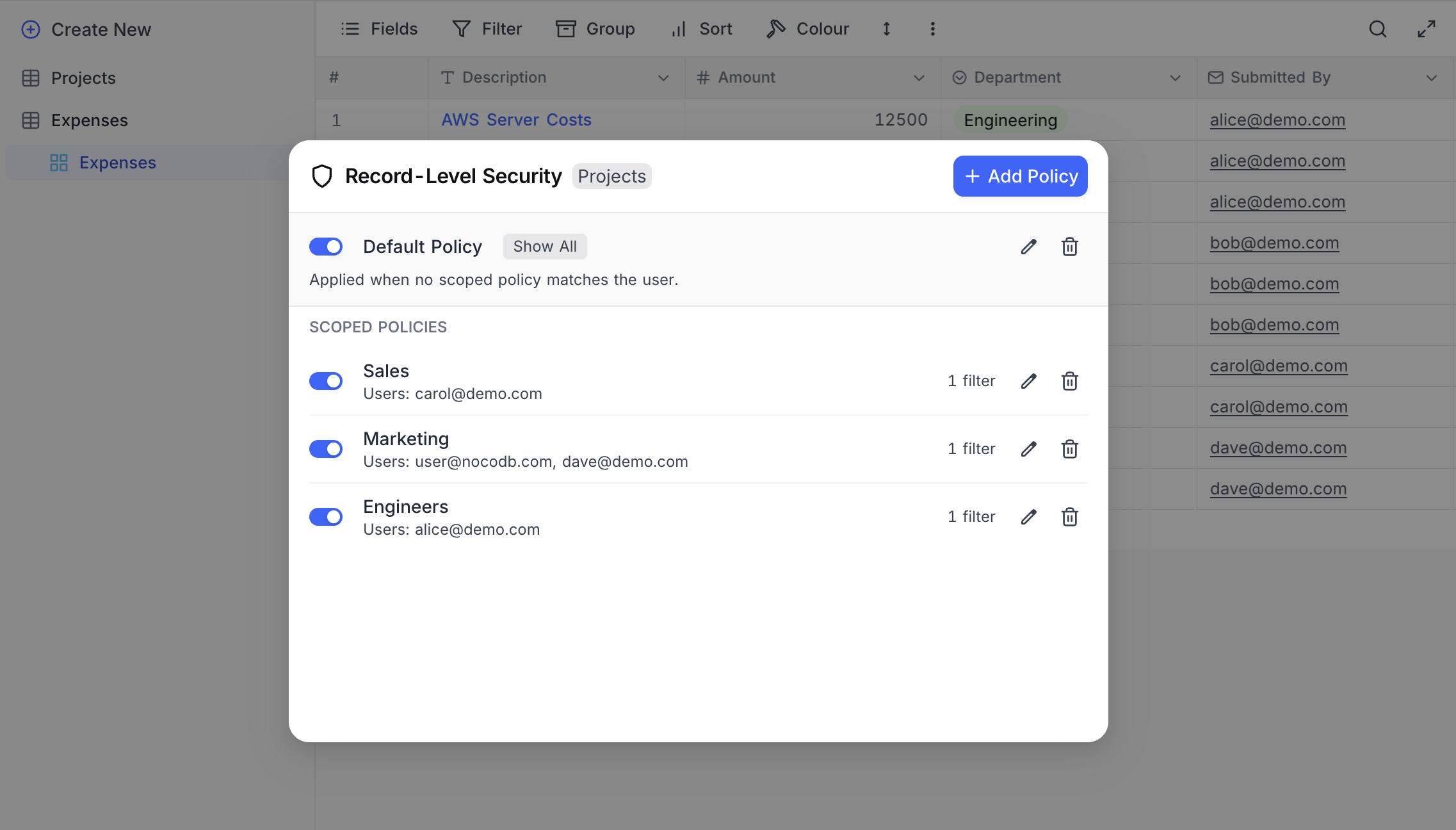 Policy list with multiple scoped policies