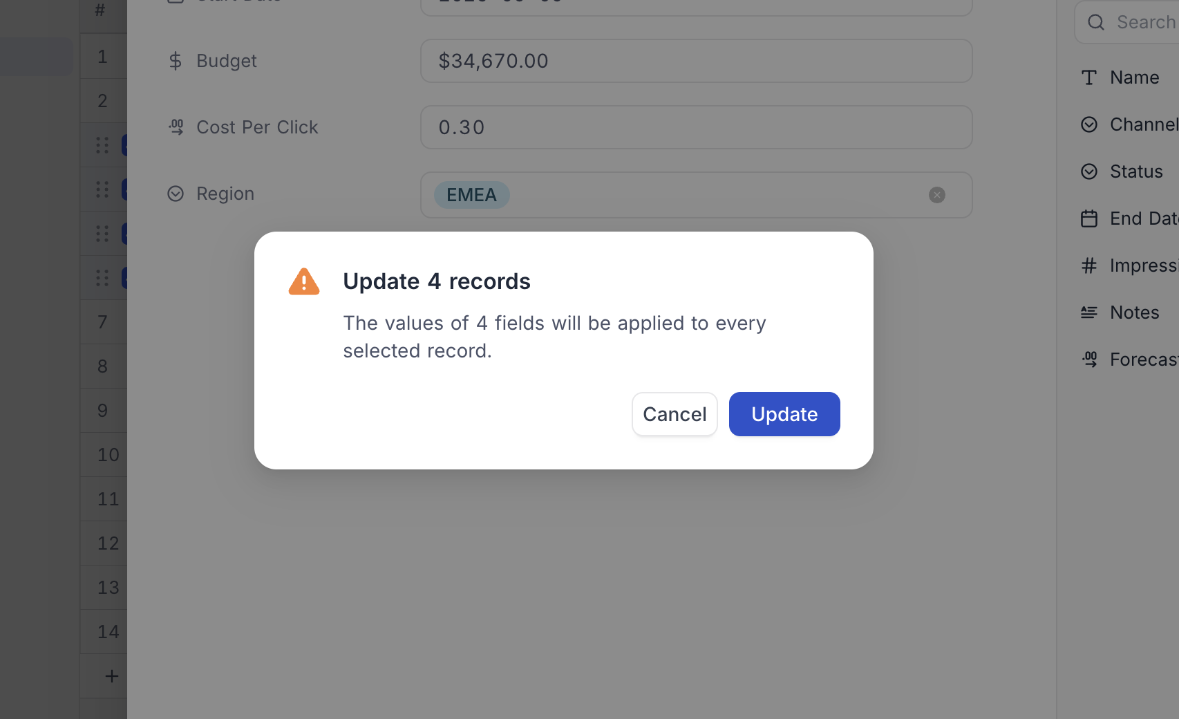 Confirmation dialog before a bulk update is applied