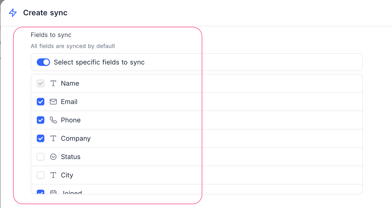 Select specific fields to sync