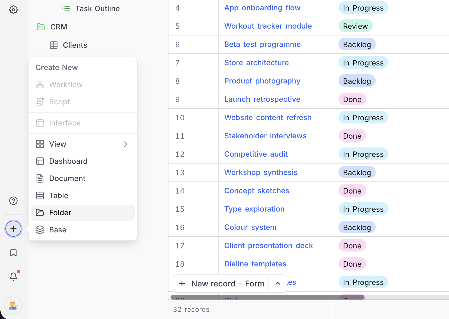 Creating a folder from the mini sidebar's create menu