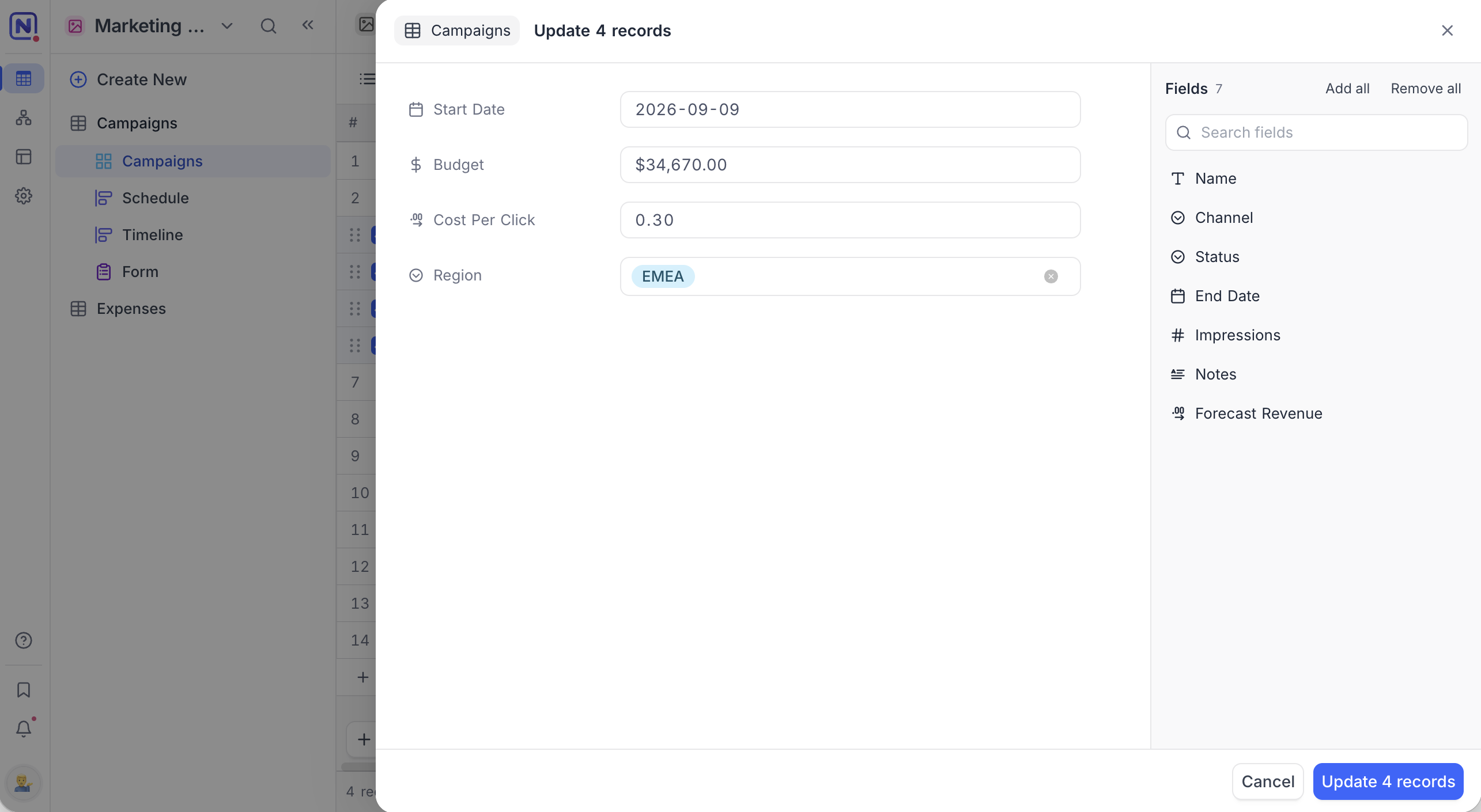 The bulk update panel, with four fields added and the field picker on the right